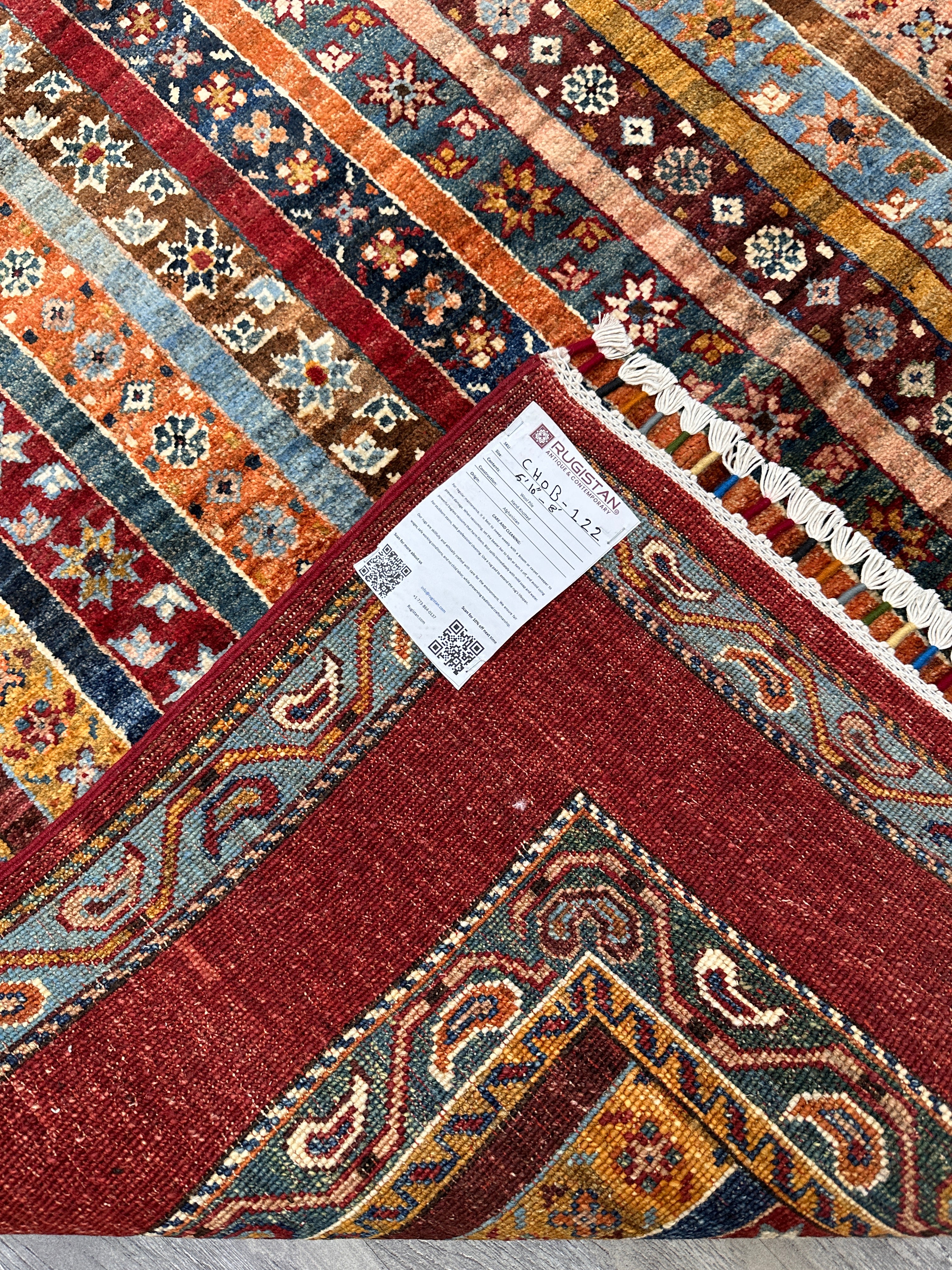 Hand-Knotted Afghani Chobi Ghazni Wool Rug | Striped Khorjin Design | 6′ x 8′