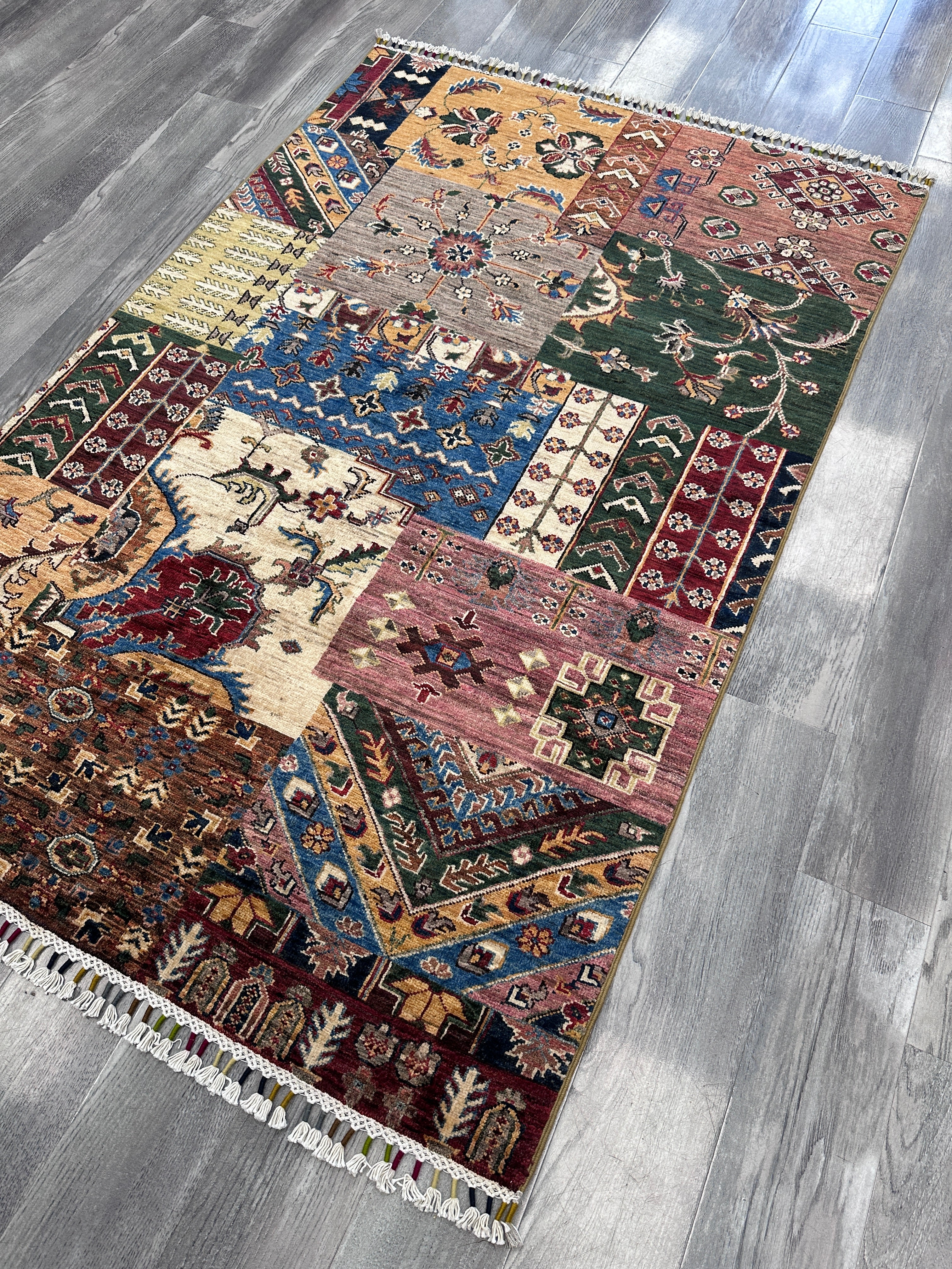 Hand-Knotted Afghani Chobi Ghazni Wool Rug | Patchwork Design | 4′ x 6′