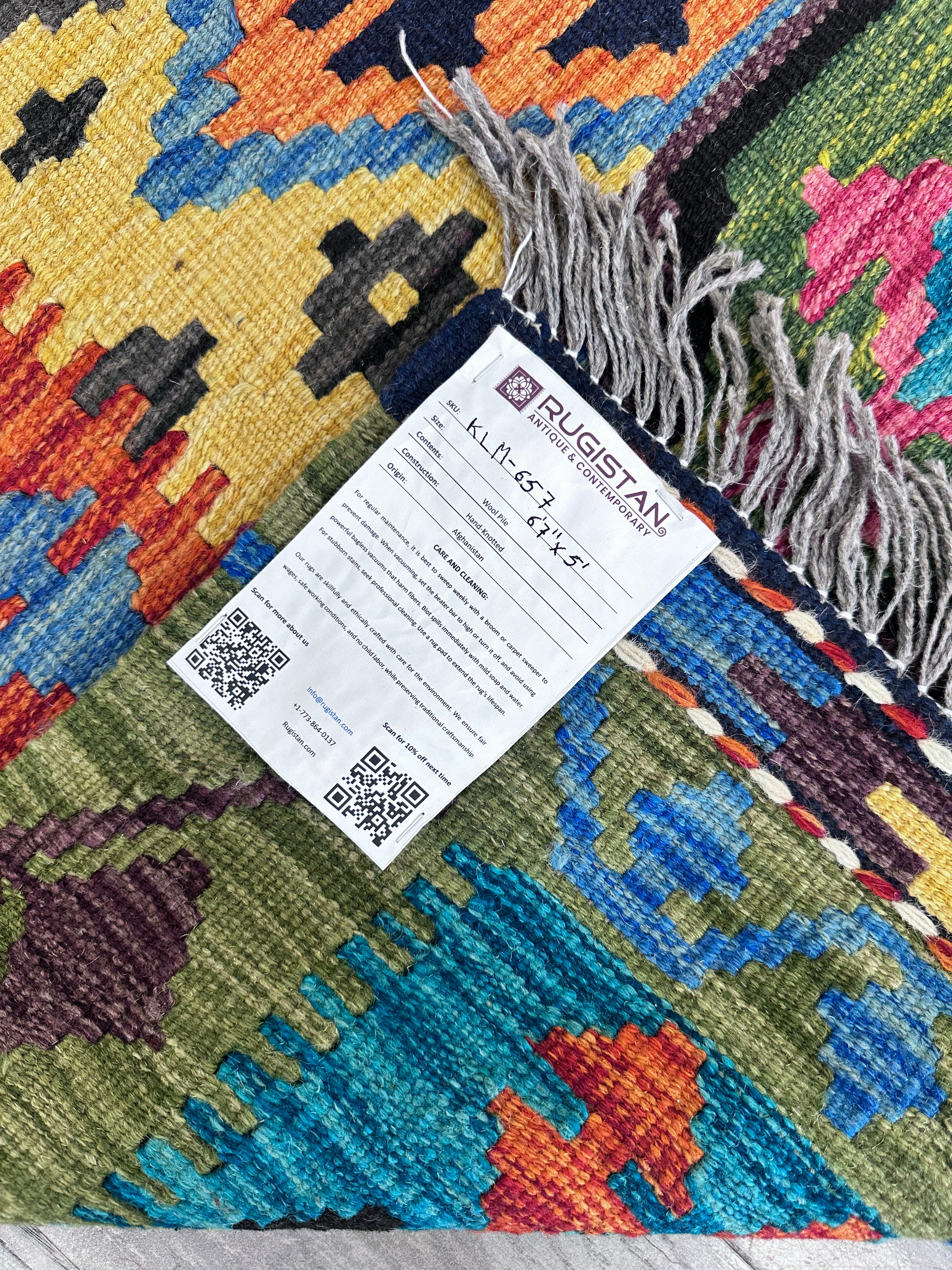 Hand-Woven Afghani Kilim Wool Rug 6'6" x 5'