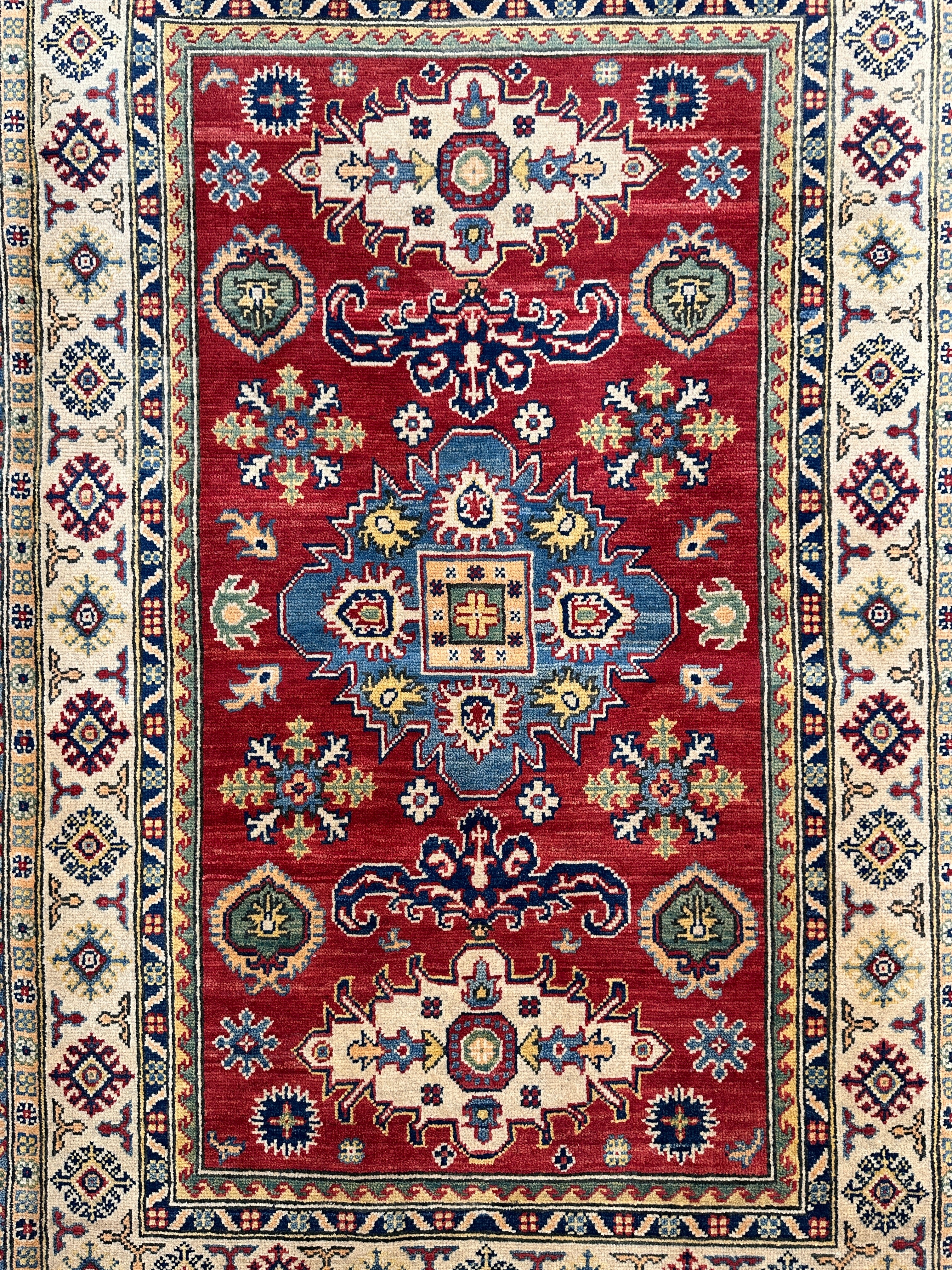 Hand-Knotted Afghan Kazak Wool Rug | Tribal Design | 4′ x 6′1″
