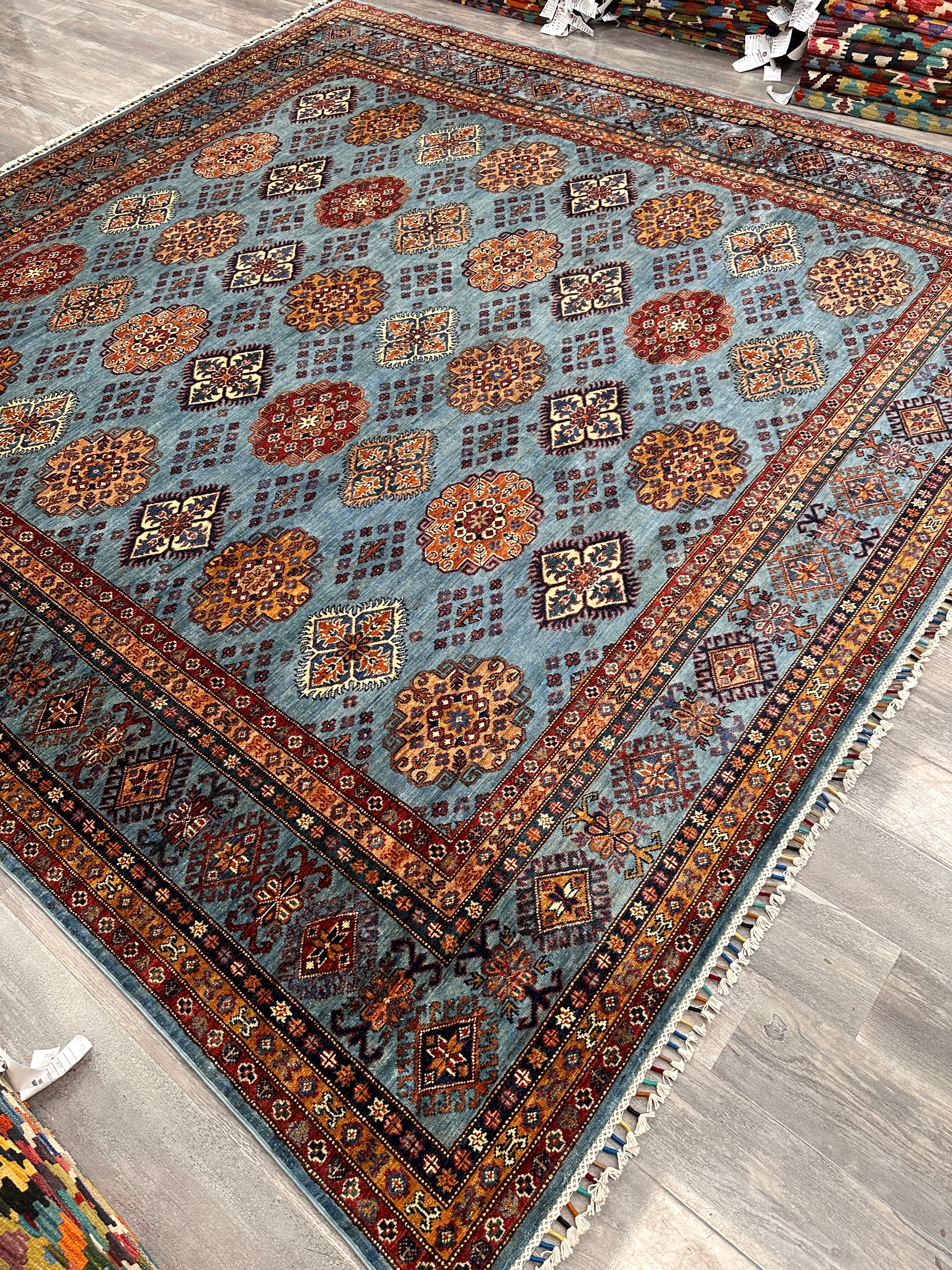 Hand-Knotted Afghani Super Kazak Wool Rug | Geometric Design | 10′ x 10′ Square