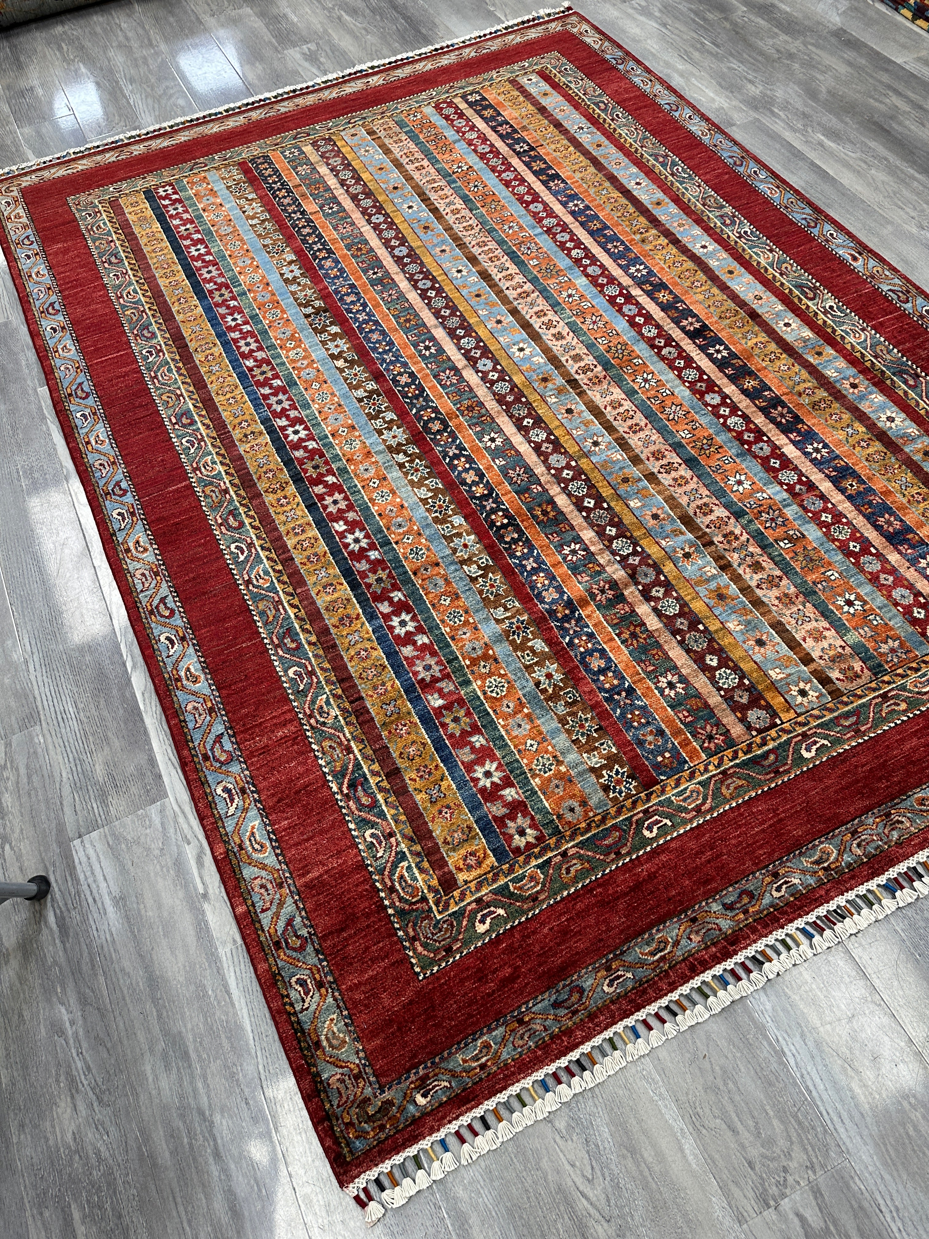 Hand-Knotted Afghani Chobi Ghazni Wool Rug | Striped Khorjin Design | 6′ x 8′