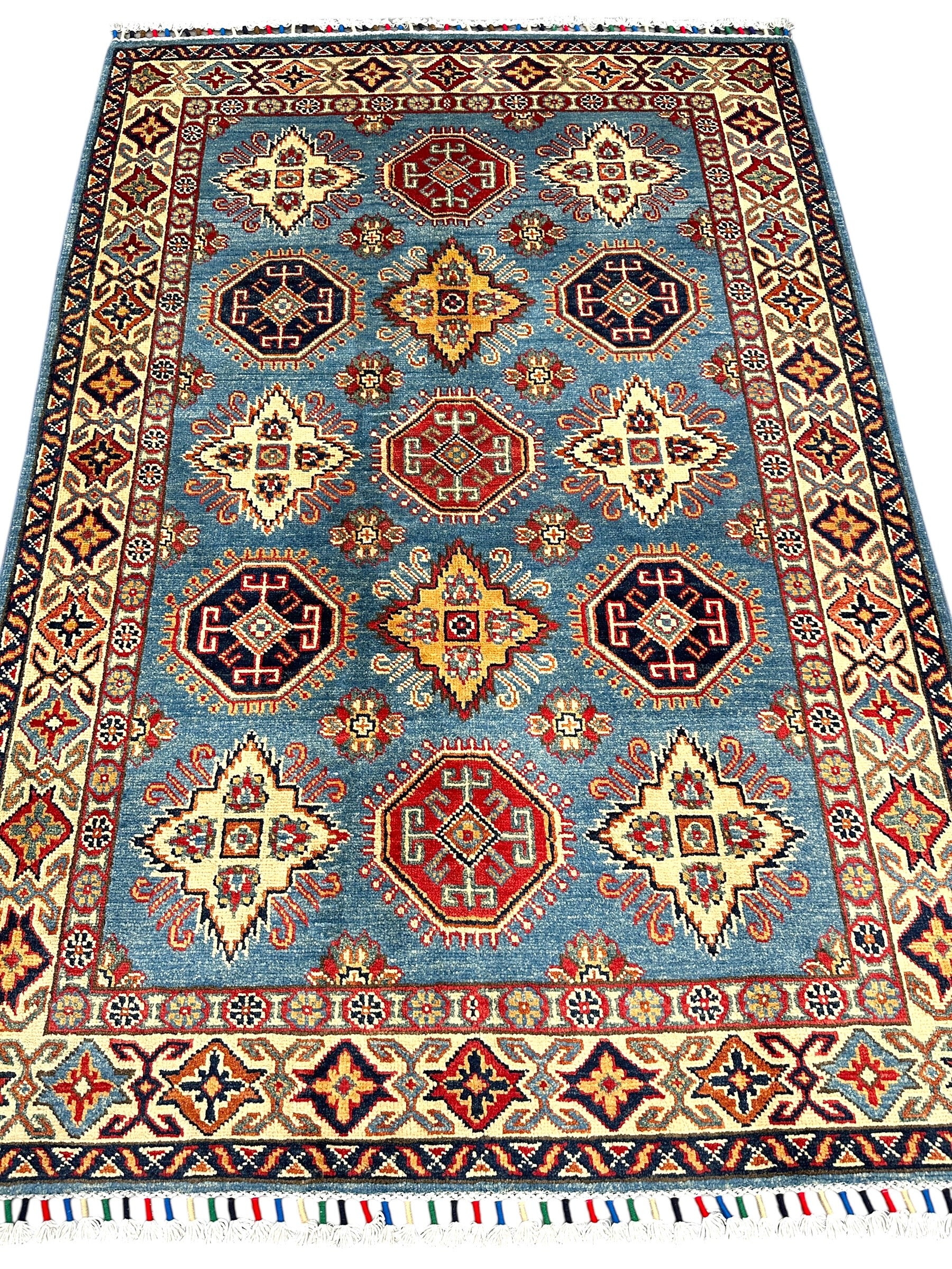 Hand-Knotted Afghan Kazak Wool Rug | Blue, Cream & Red Tribal Design | 4'1″ x 5'11″