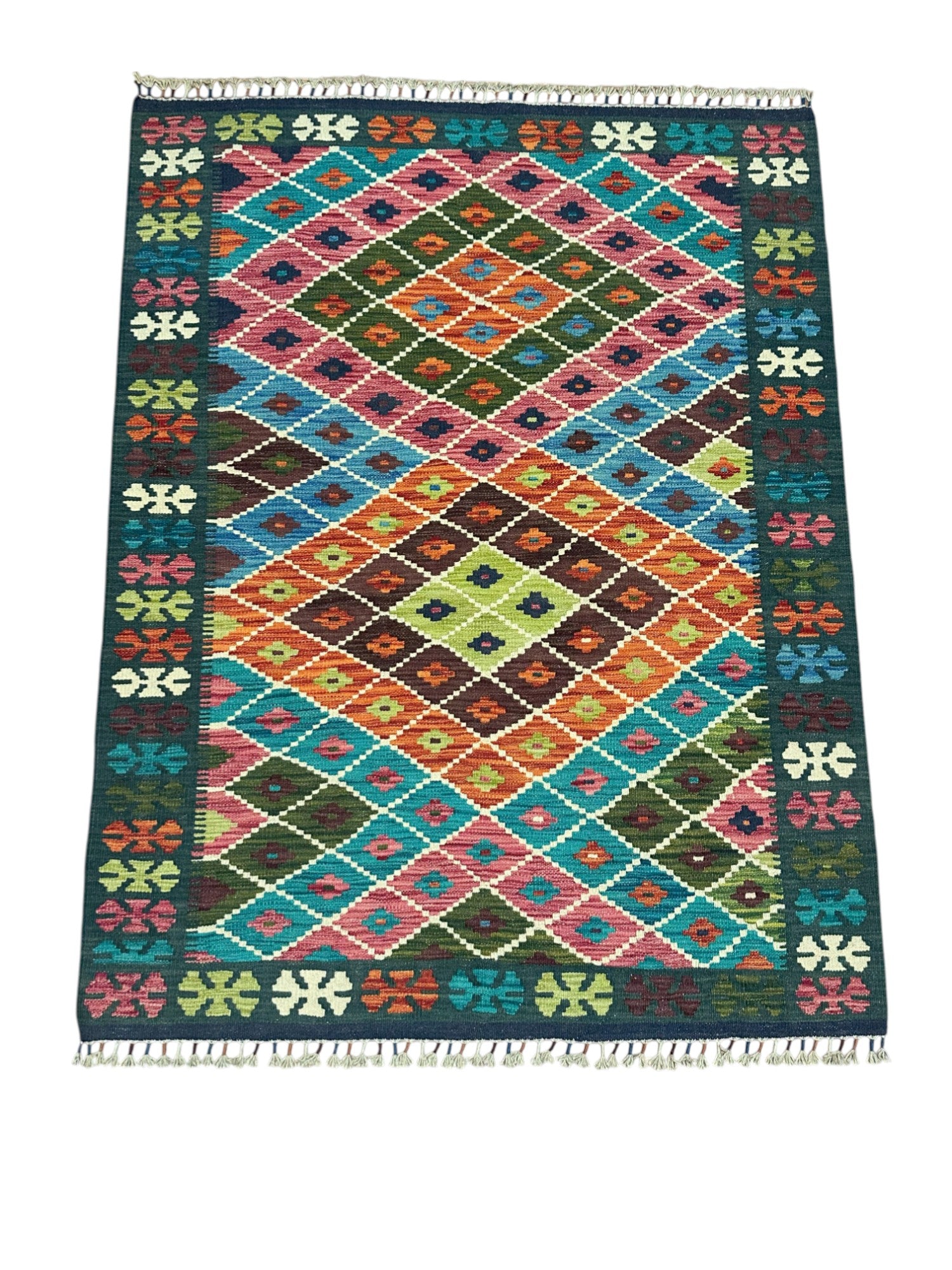 Hand-Woven Afghani Kilim Wool Rug 4'5" x 5'9"