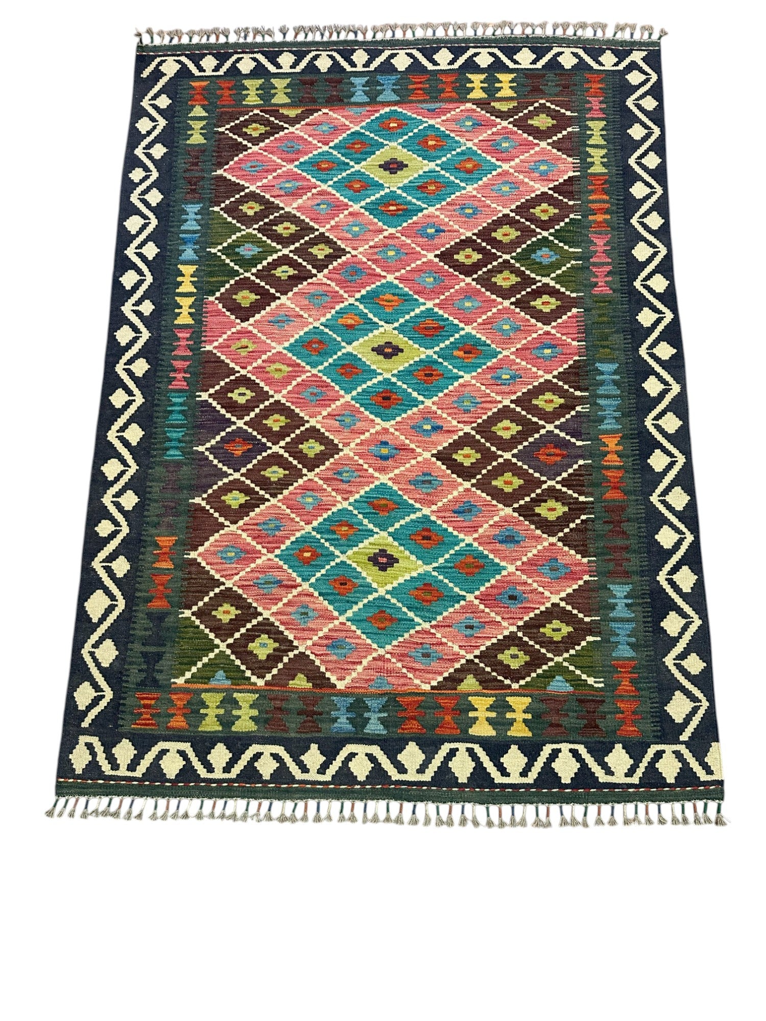 Hand-Woven Afghani Kilim Wool Rug 4'2" x 5'9"