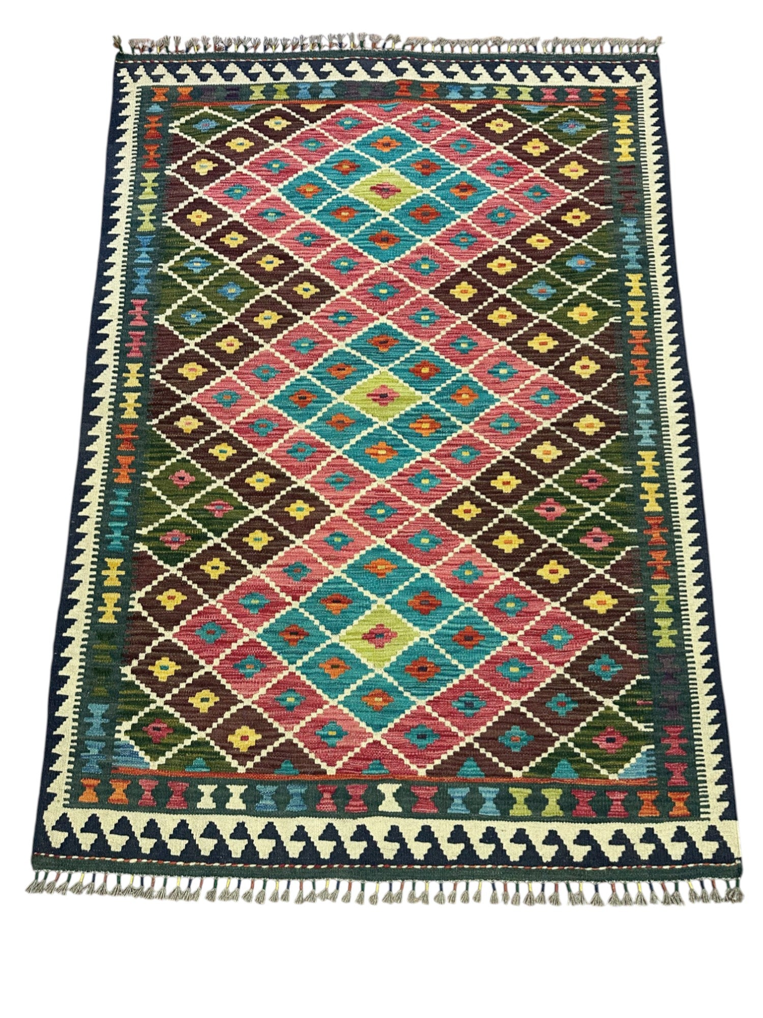 Hand-Woven Afghani Kilim Wool Rug 4'2" x 5'10"