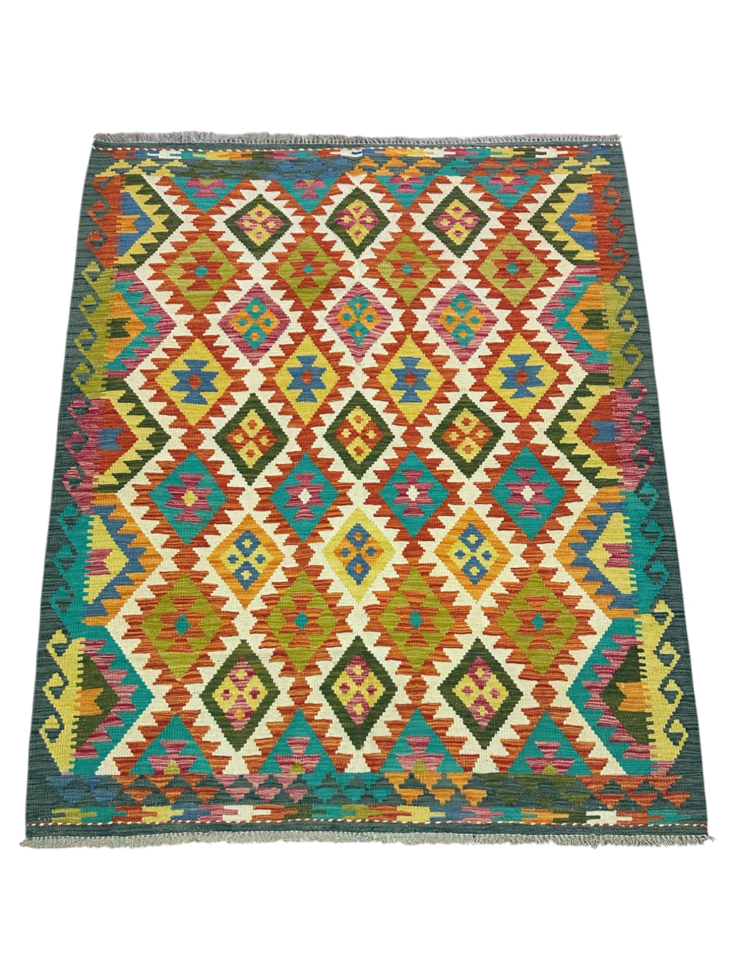 Hand-Woven Afghani Kilim Wool Rug 5'3" x 6'5"