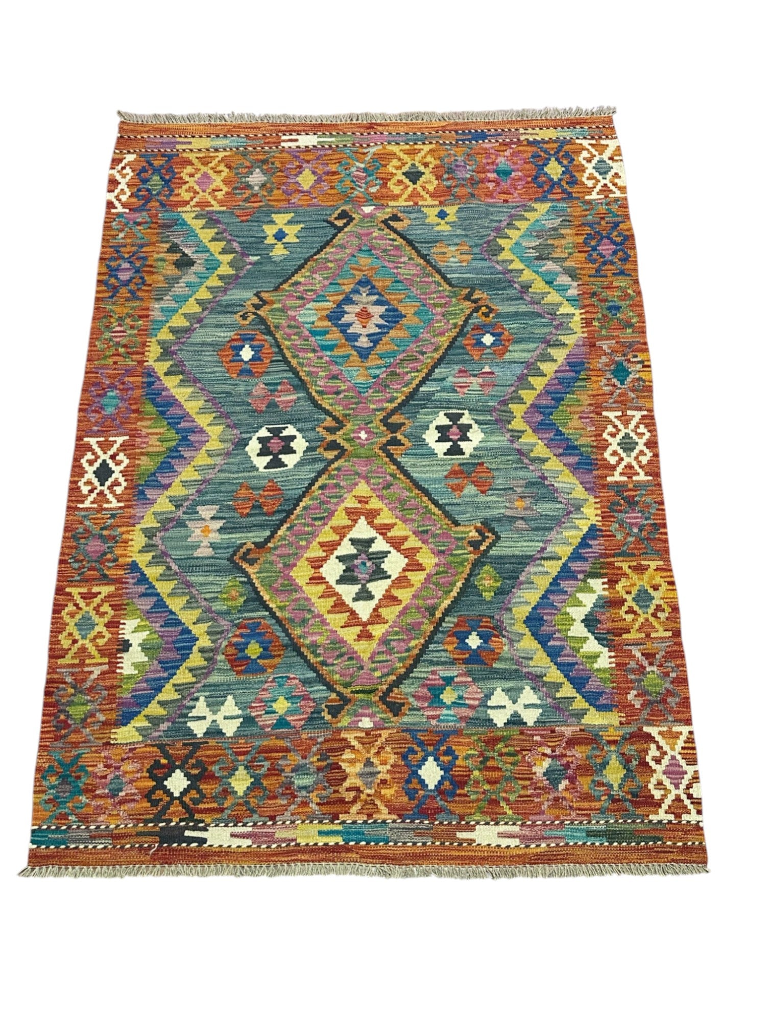 Hand-Woven Afghani Kilim Wool Rug 4'2" x 5'11"