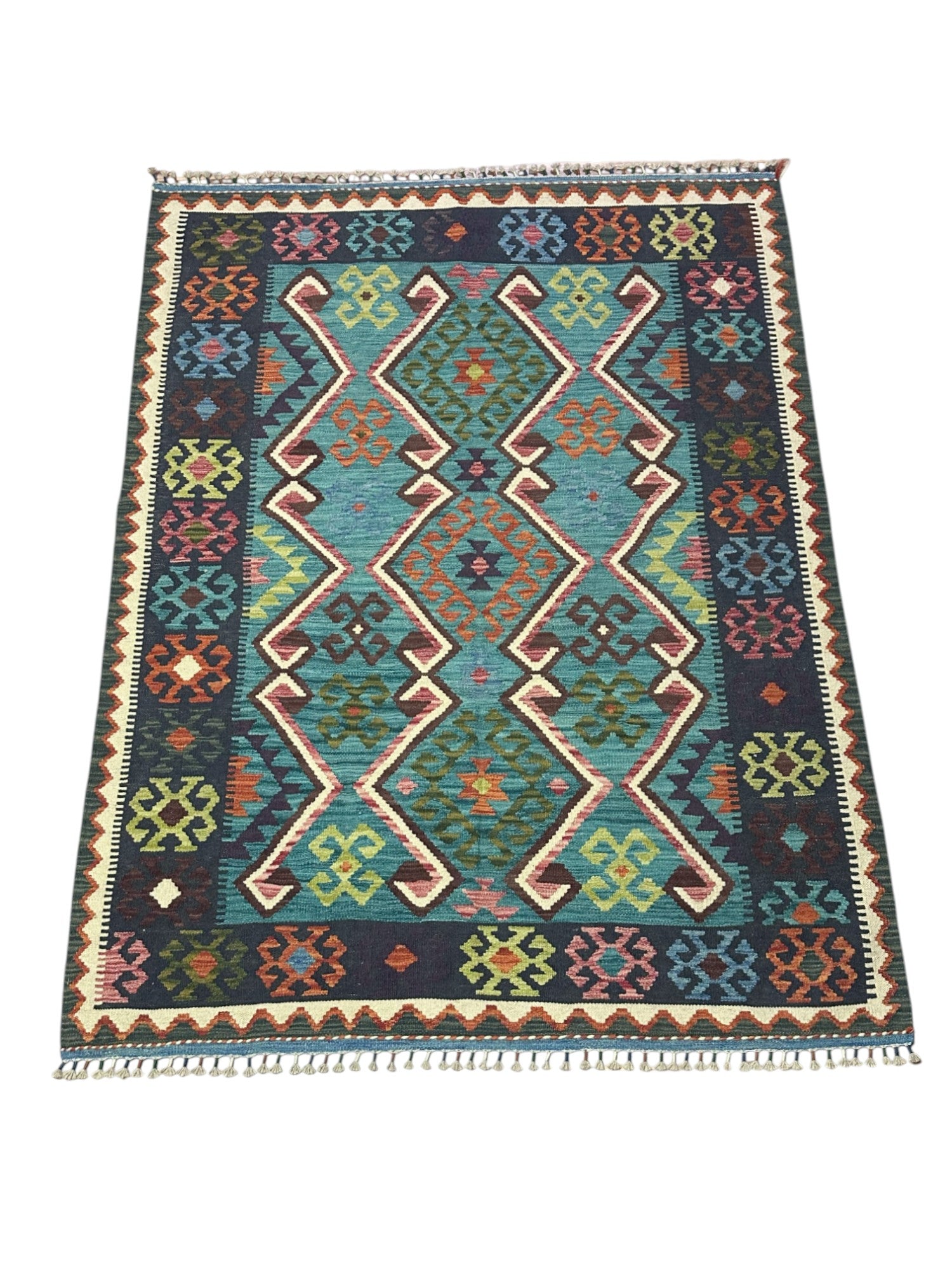 Hand-Woven Afghani Kilim Wool Rug 5' x 6'9"