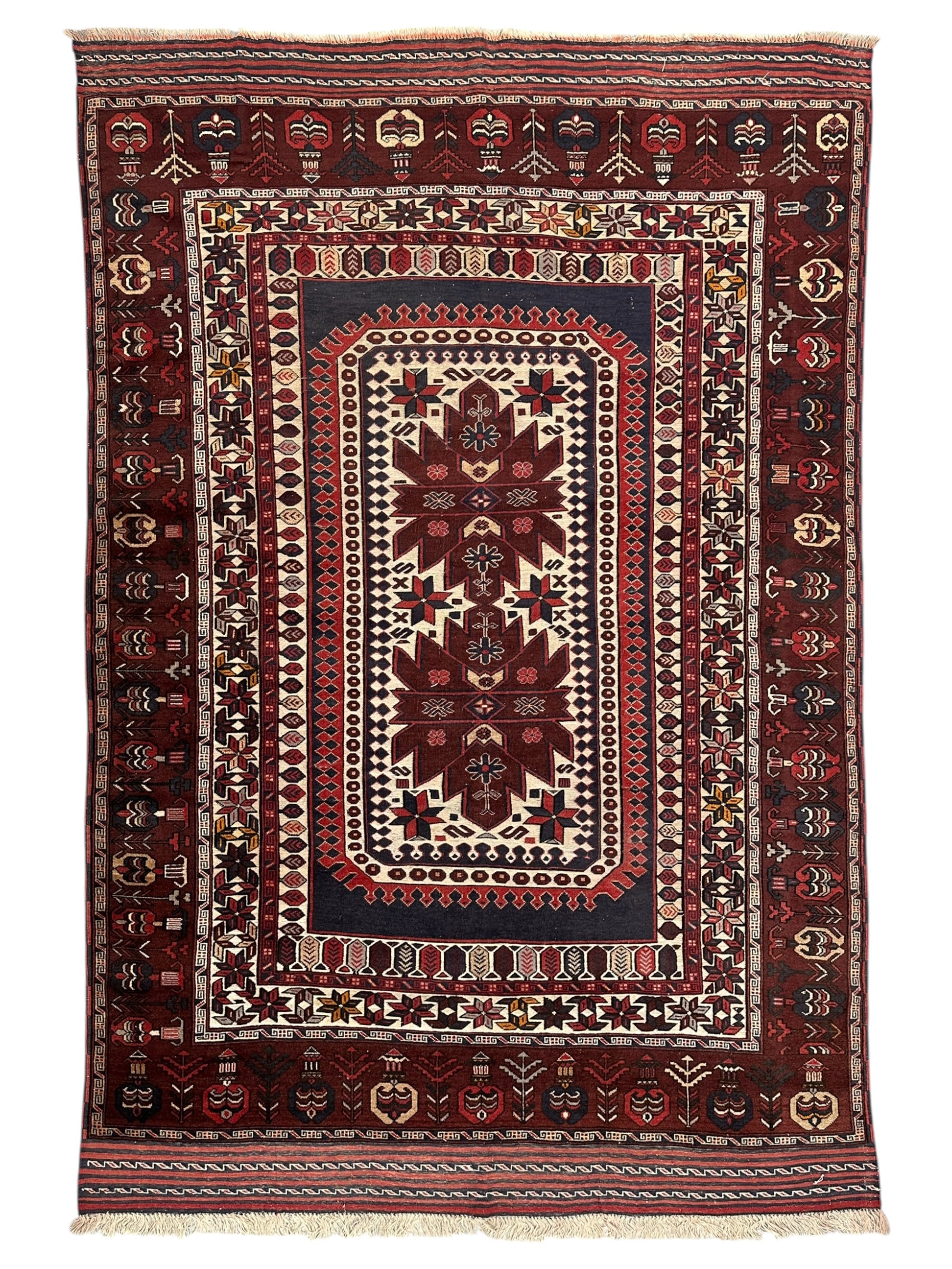 Hand-Knotted Vintage Afghani Baluch Wool Rug - 6'4" x 9'4"