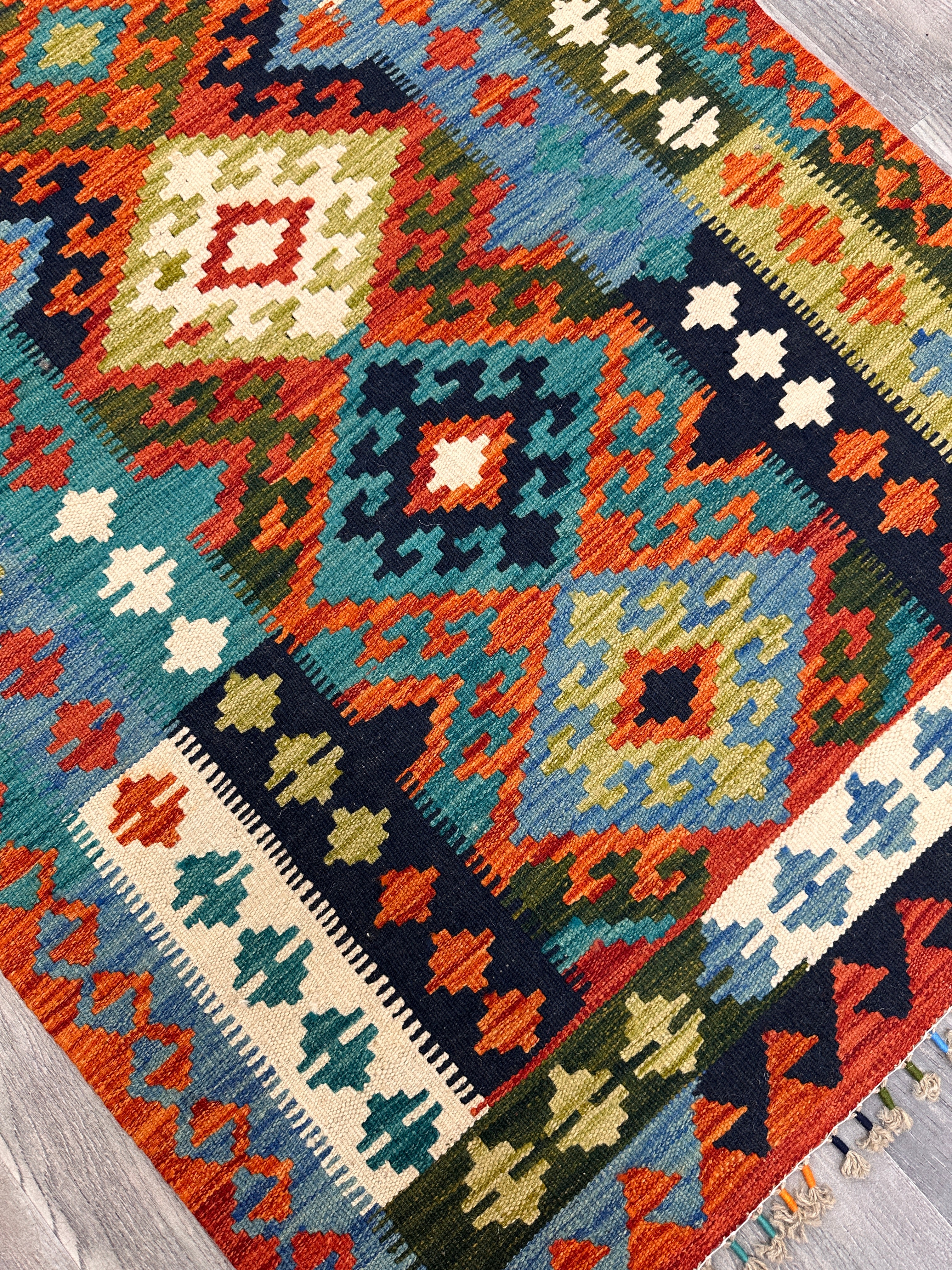 3'5" x 4'9" Handwoven Afghani Wool Kilim Rug – Colorful Geometric Tribal Flatweave with Rugistan Decorative Fringe – Reversible