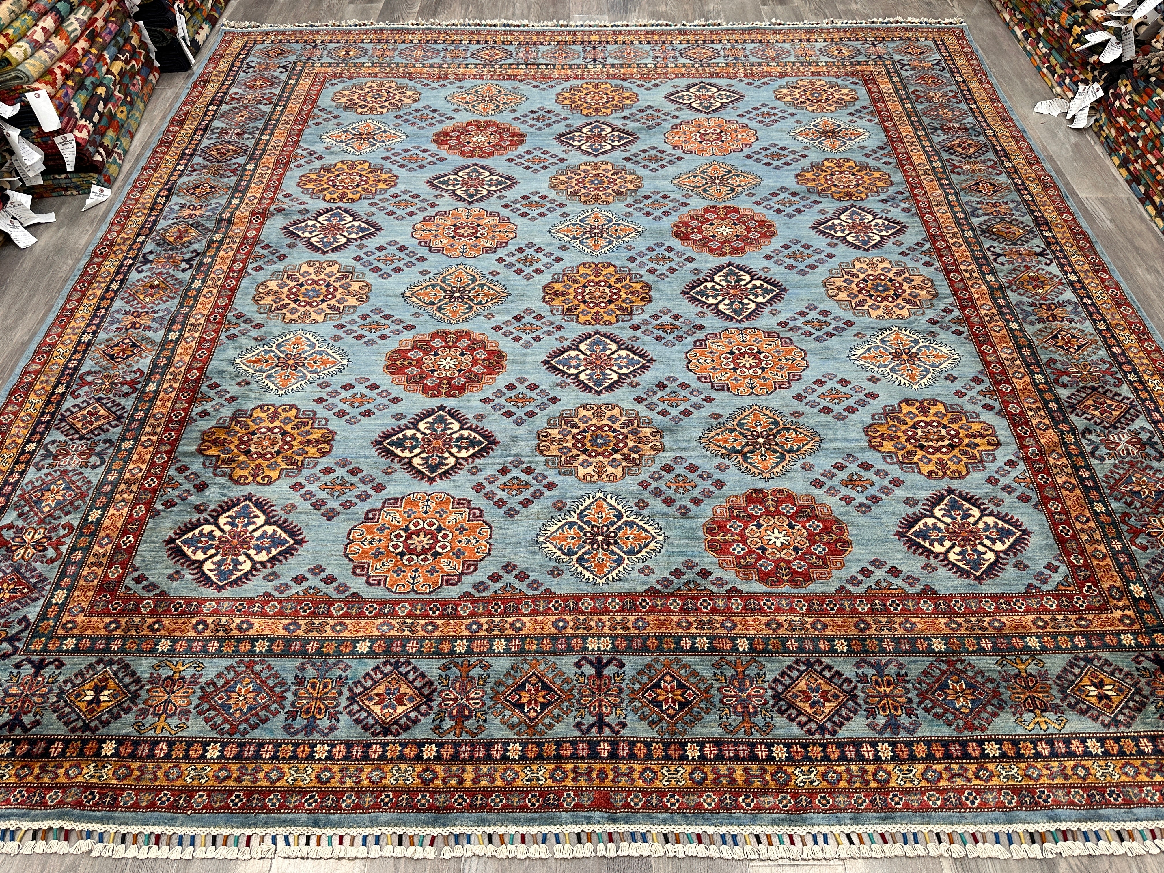 Hand-Knotted Afghani Super Kazak Wool Rug | Geometric Design | 10′ x 10′ Square