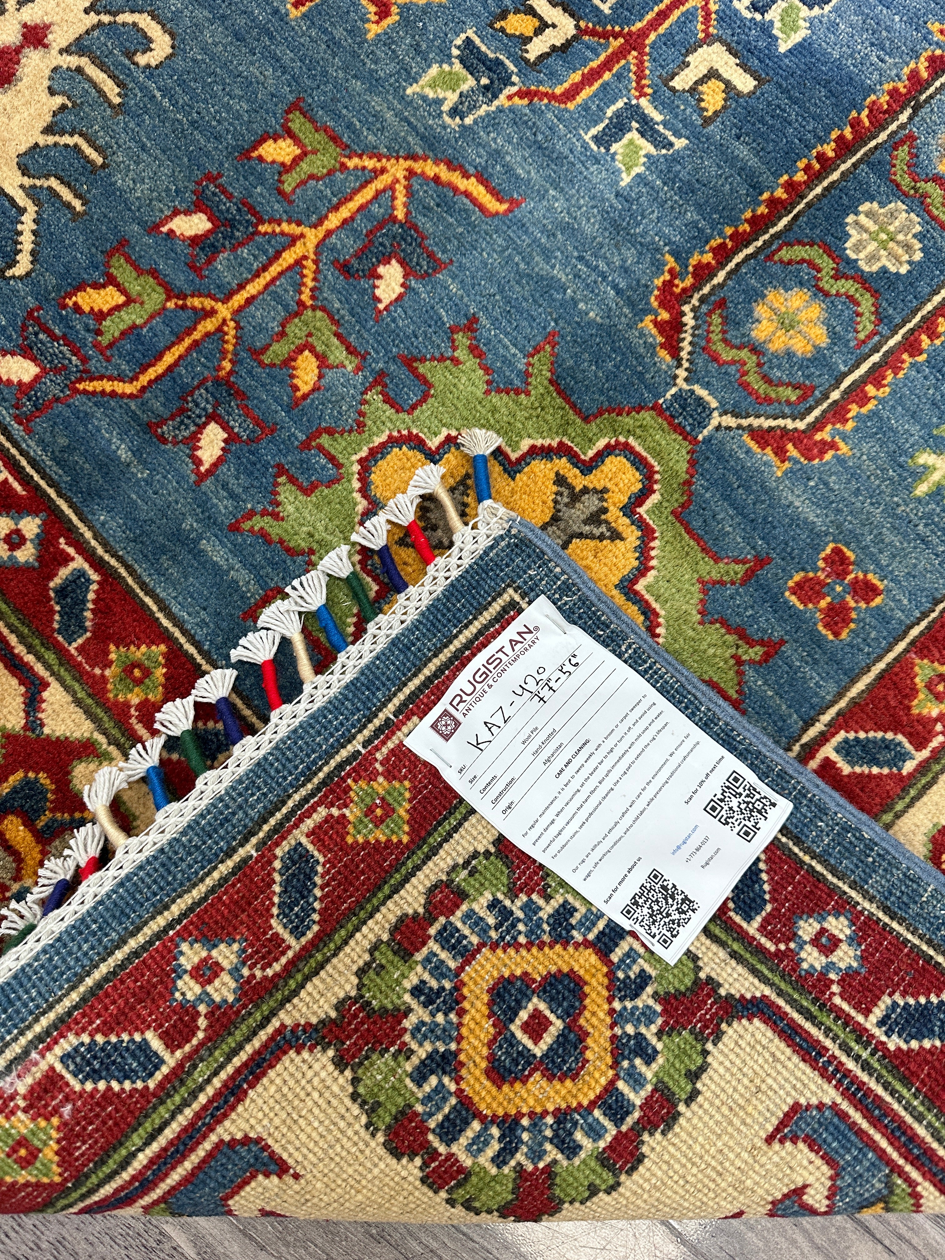 Hand-Knotted Afghani Kazak Wool Rug | Geometric Design | 5′6″ x 7′7″
