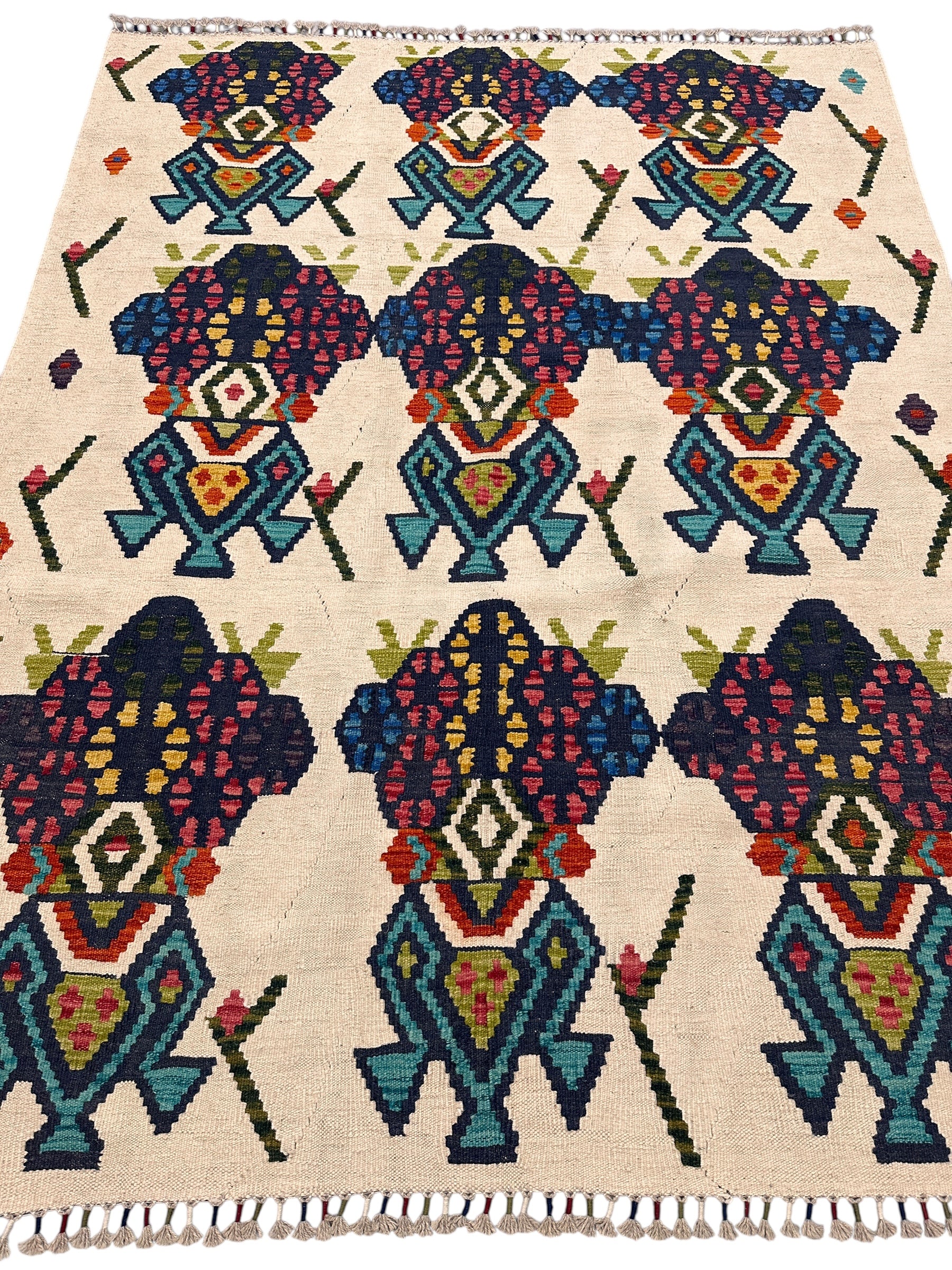 Hand-Woven Afghani Kilim Wool Rug – 5'7" x 7'1" – Traditional Flatweave, Reversible, Tribal Geometric Design