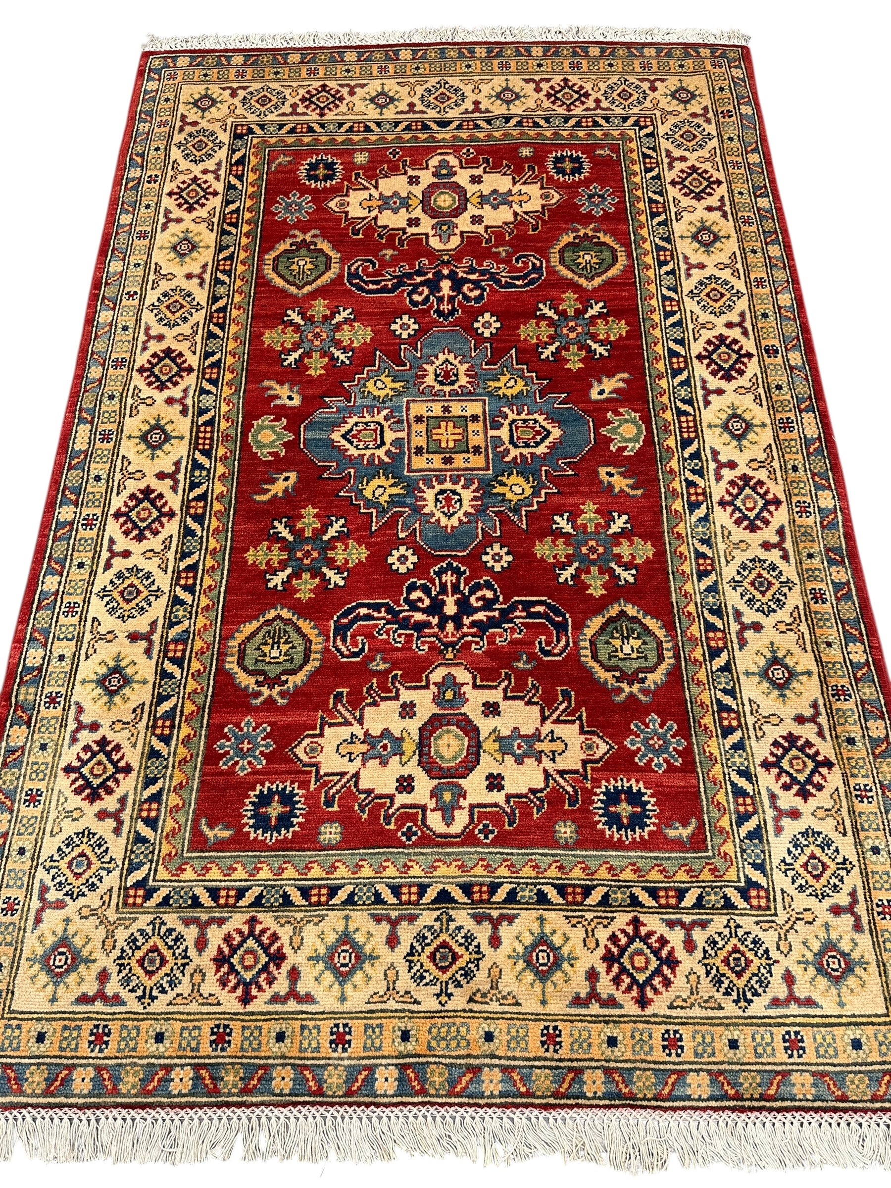 Hand-Knotted Afghan Kazak Wool Rug | Tribal Design | 4′ x 6′1″