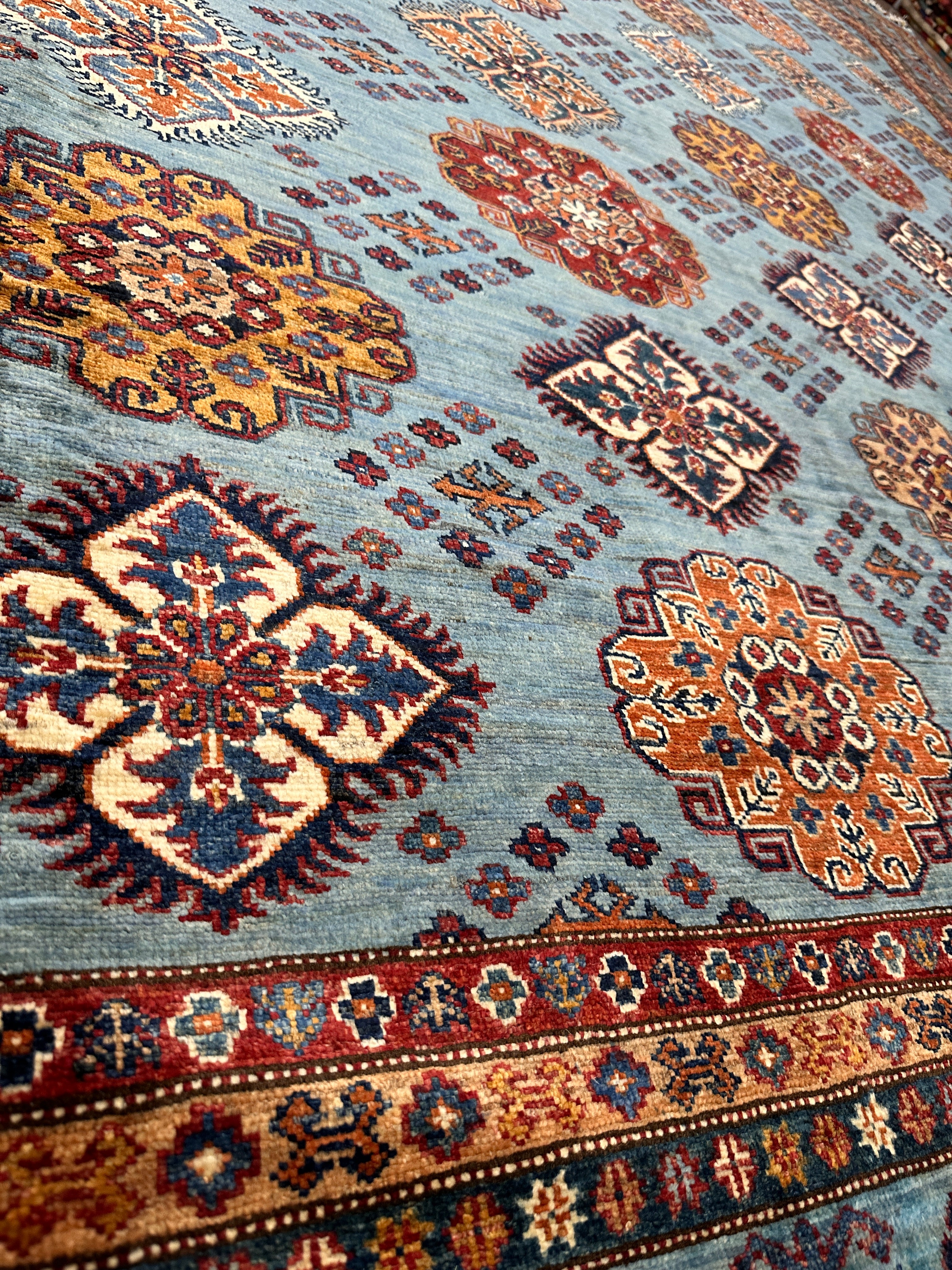 Hand-Knotted Afghani Super Kazak Wool Rug | Geometric Design | 10′ x 10′ Square