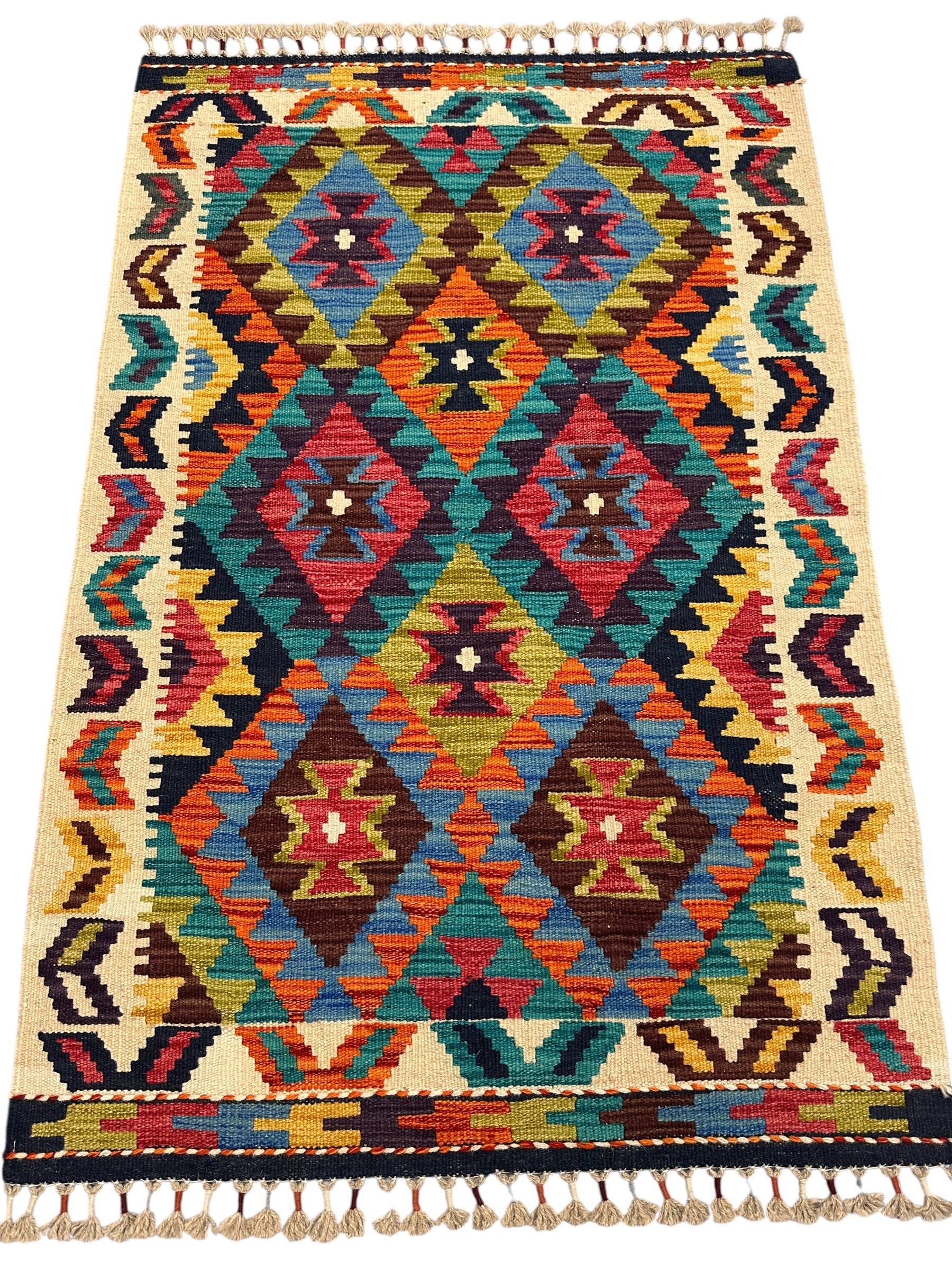 Hand-Woven Afghani Kilim Wool Rug 2'9" x 4'2" – Reversible Tribal Flatweave with Decorative Bound Fringe