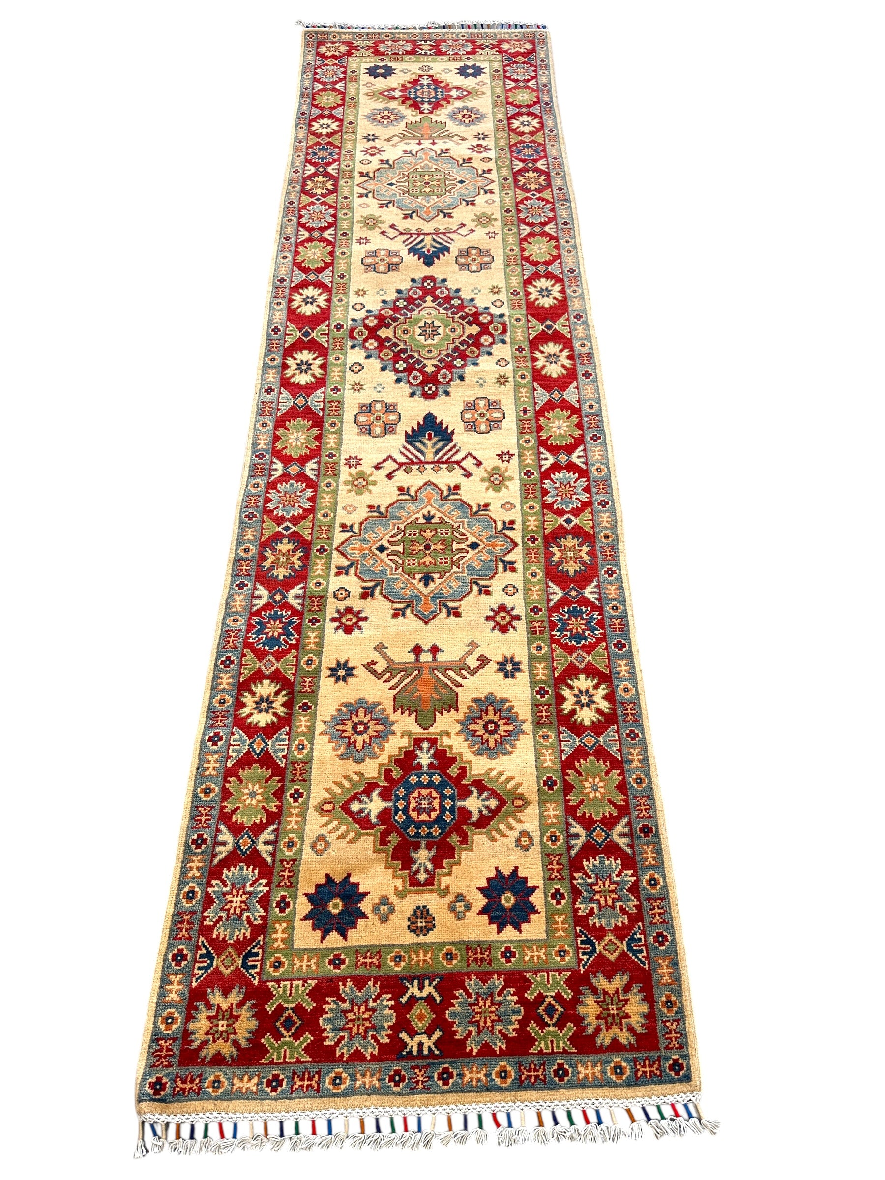 Hand-Knotted Afghan Kazak Wool Runner | Cream & Red Tribal | 2′7″ x 10′1″