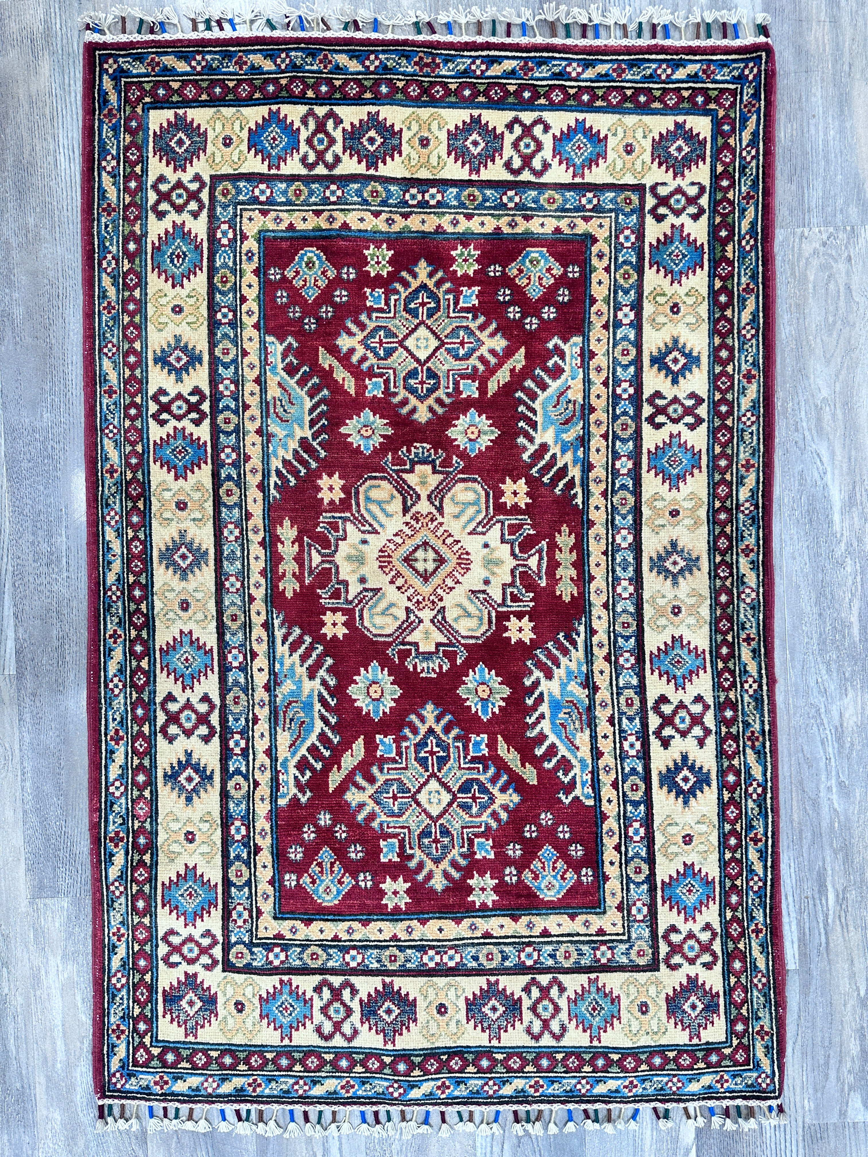 Hand-Knotted Afghani Kazak Wool Rug – 3’3″  x  5’0″
