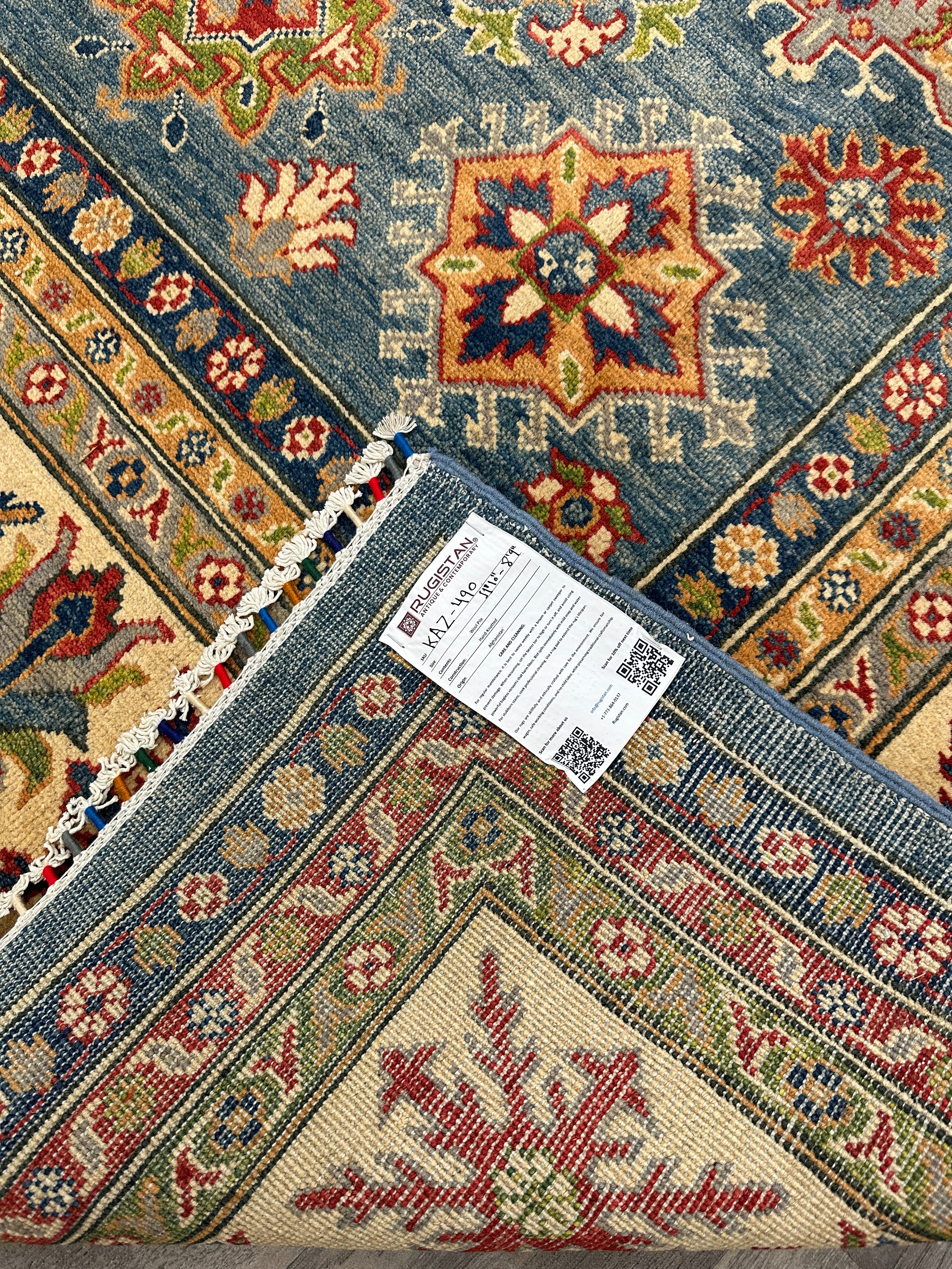 Hand-Knotted Afghani Kazak Wool Rug – 8’9″  x  11’10″