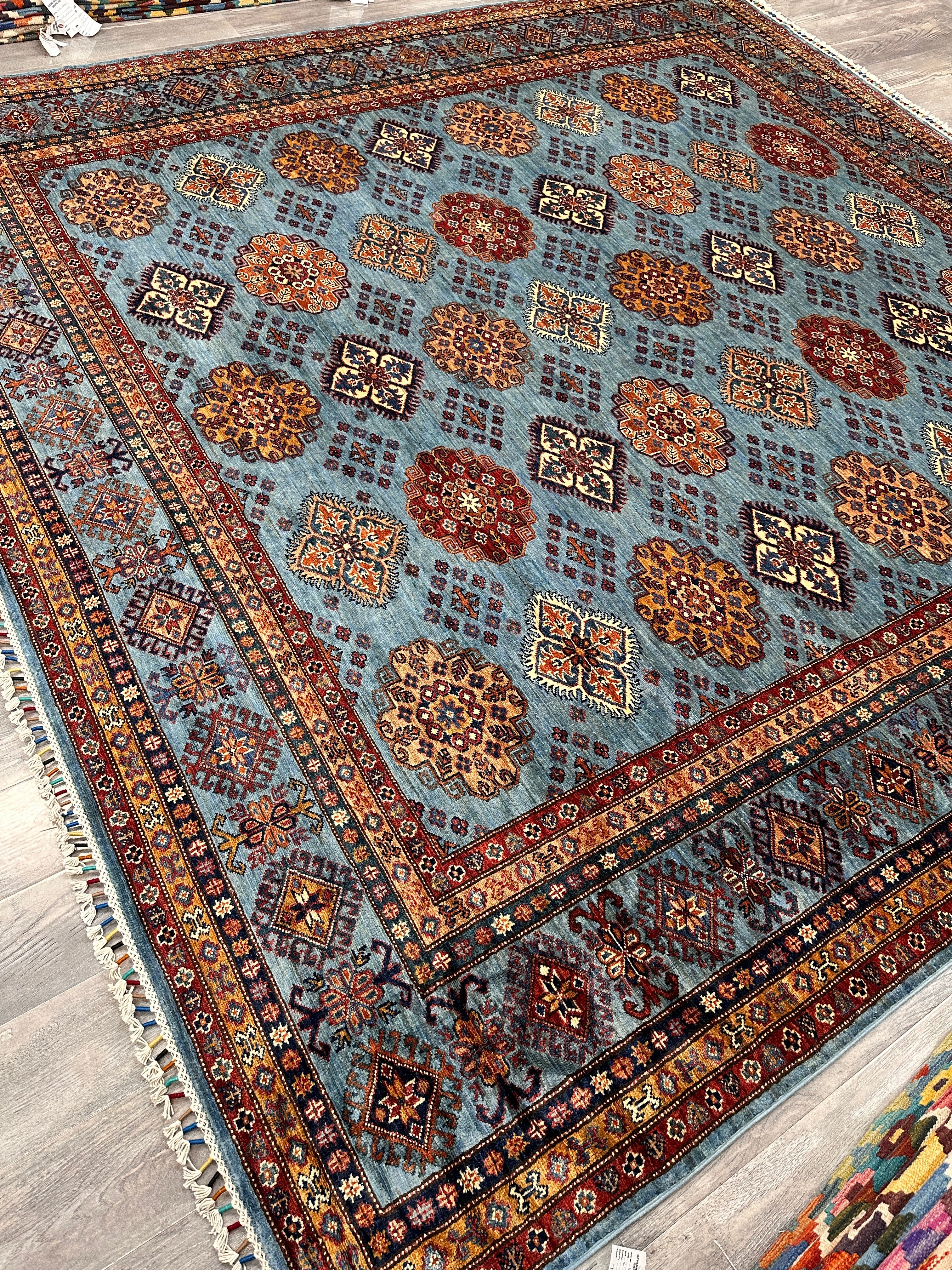 Hand-Knotted Afghani Super Kazak Wool Rug | Geometric Design | 10′ x 10′ Square