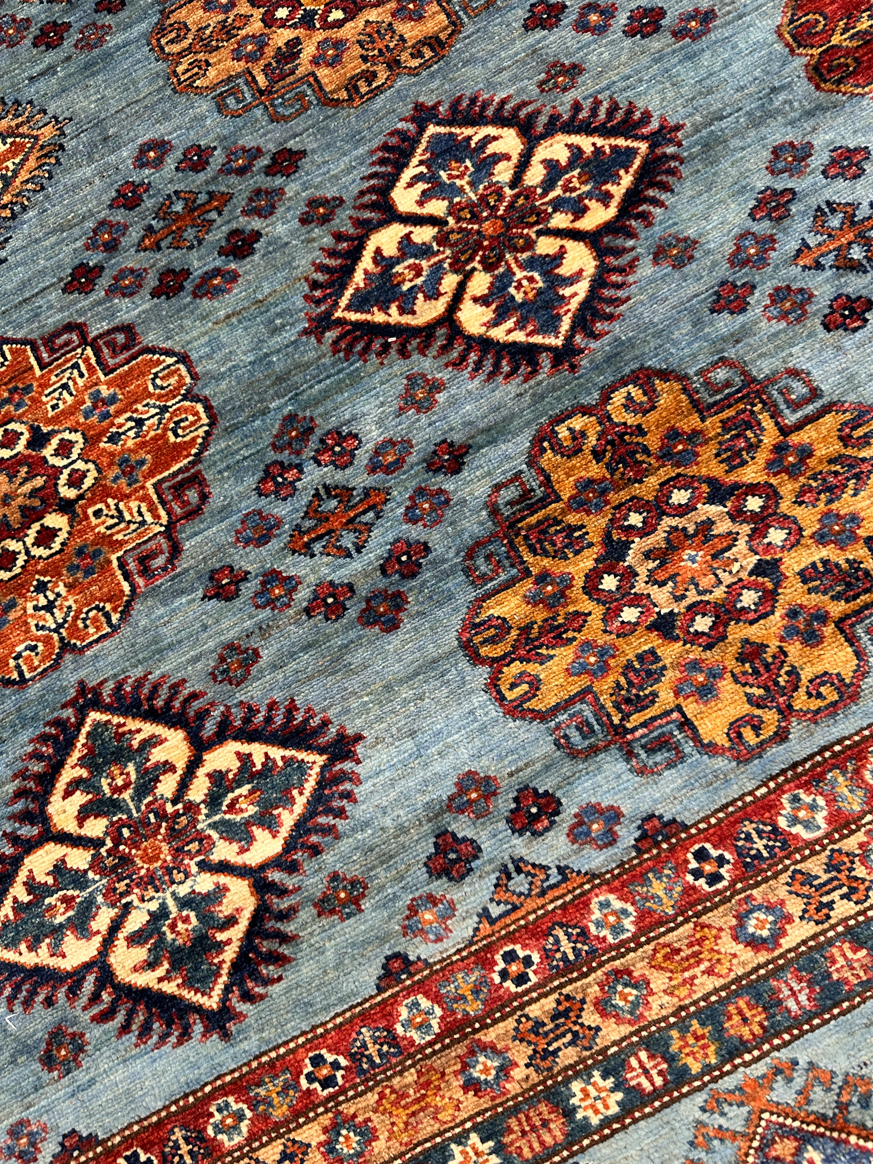 Hand-Knotted Afghani Super Kazak Wool Rug | Geometric Design | 10′ x 10′ Square