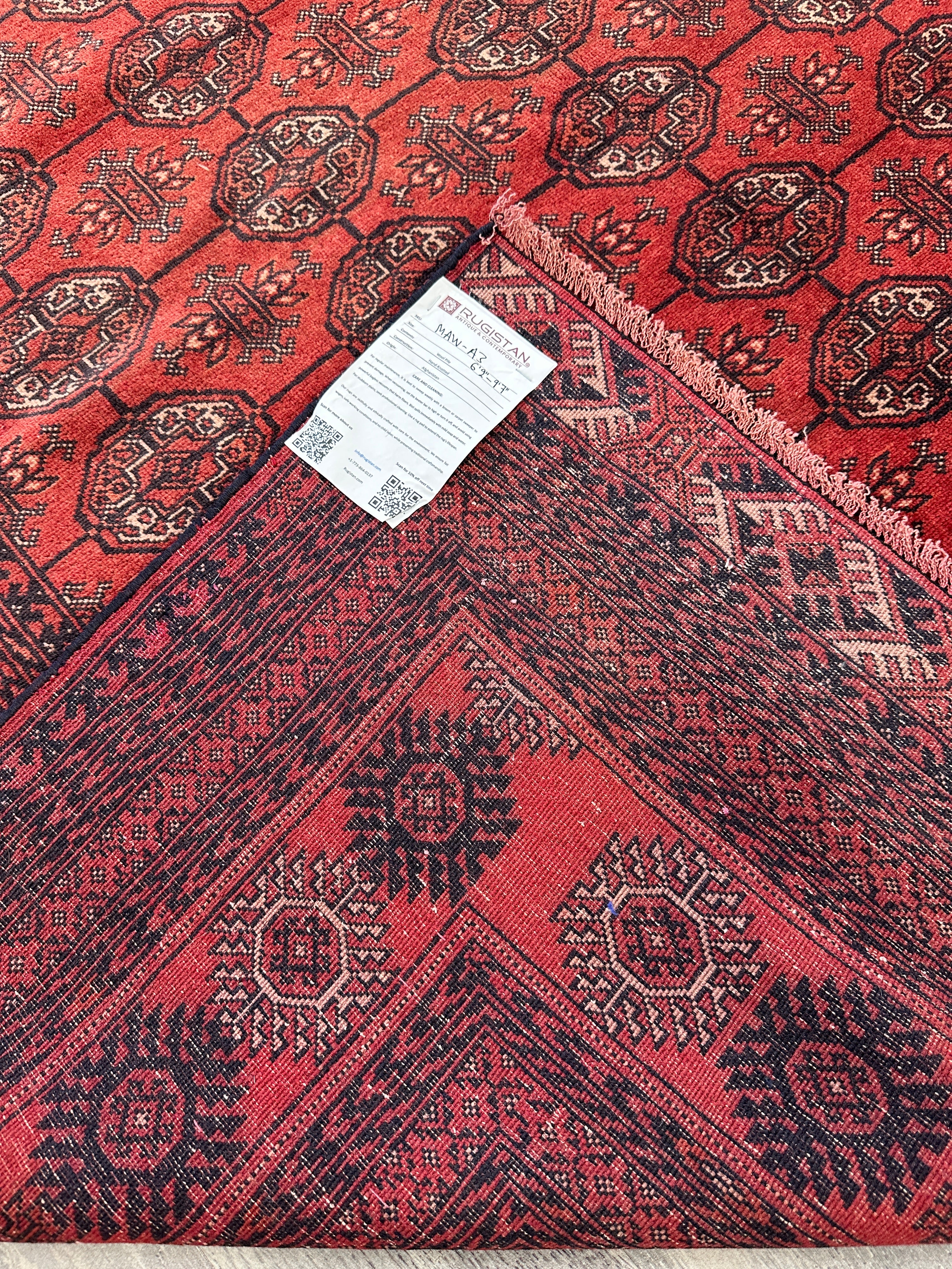 Hand-Knotted Afghani Mawri Wool Rug Red,Black 6'2" x 9'7"
