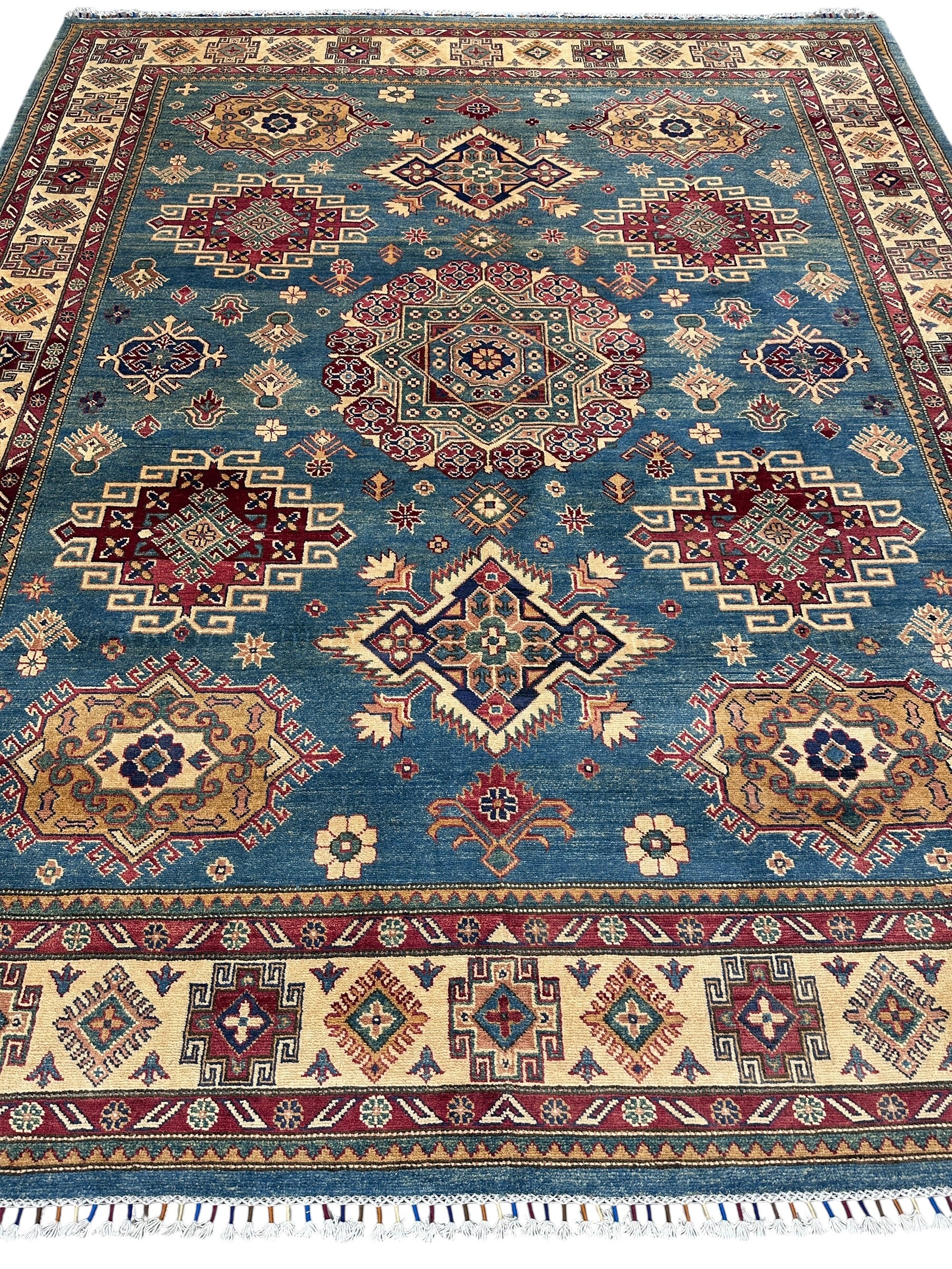 Hand-Knotted Afghani Kazak Wool Rug | Geometric Design | 8′ x 10′