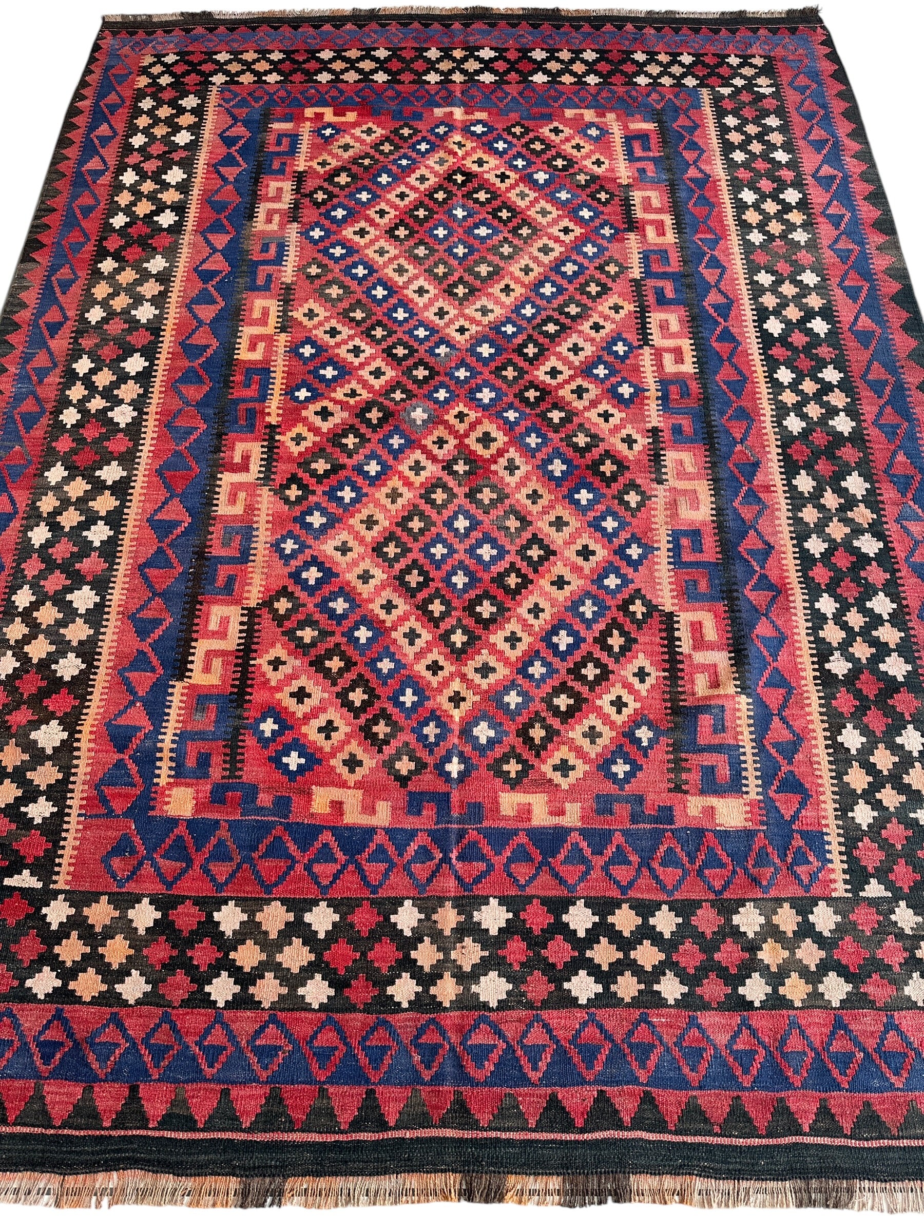Vintage Handwoven Uzbek Wool Kilim Rug – 6’8” x 9’10” – Tribal Flatweave with Geometric Design