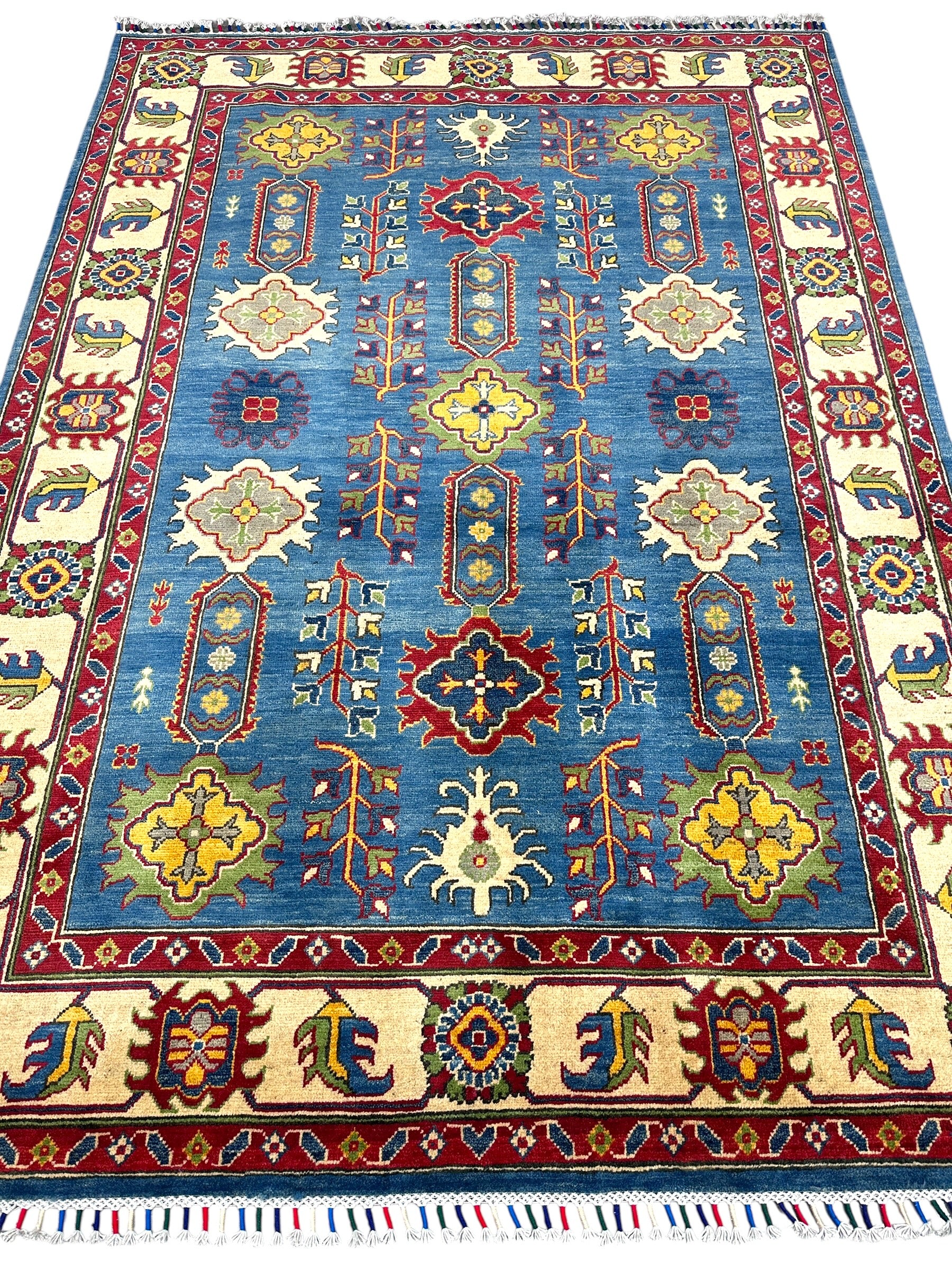 Hand-Knotted Afghani Kazak Wool Rug | Geometric Design | 5′6″ x 7′7″