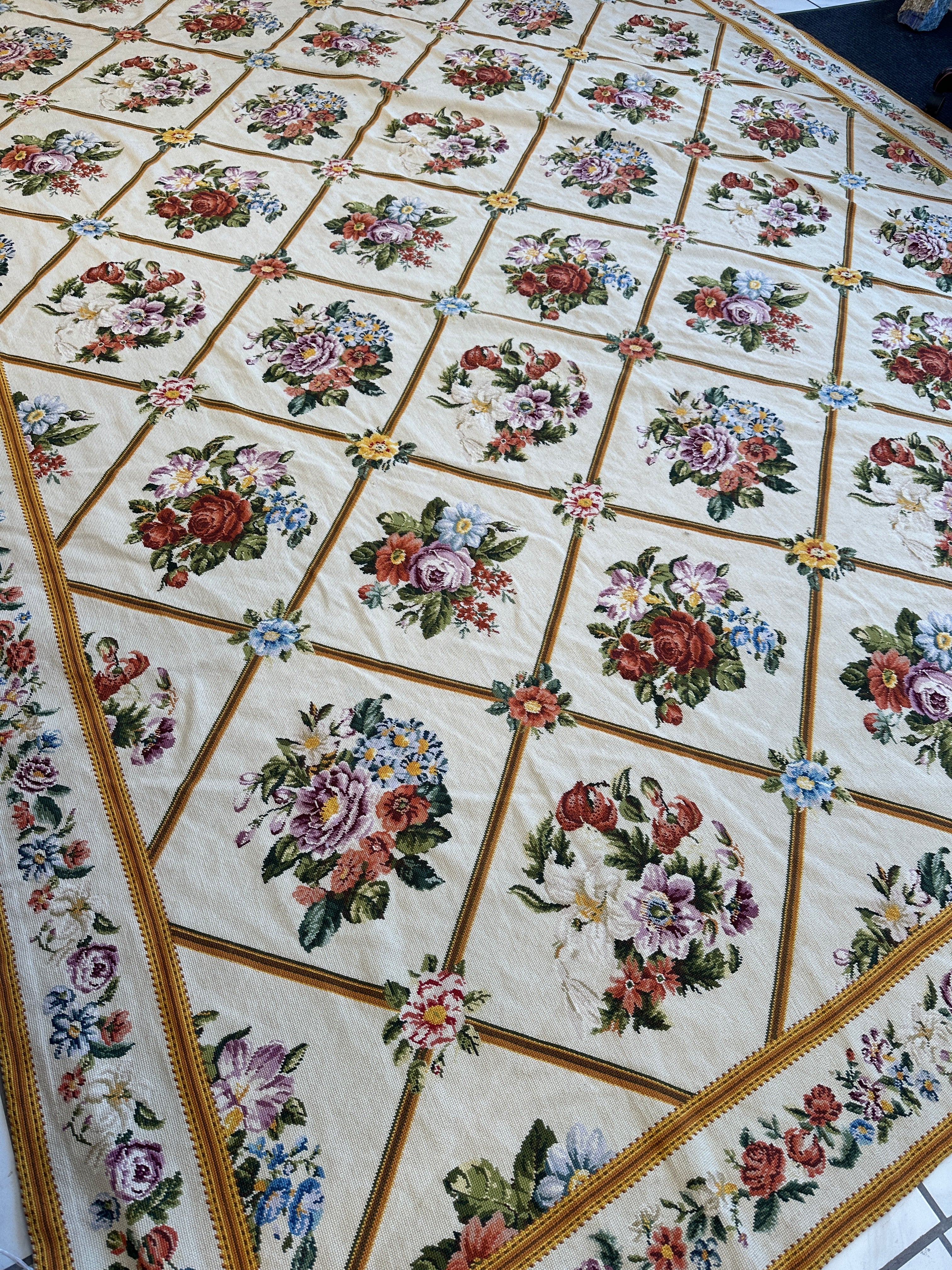 Handmade Needlepoint Floral Wool Rug – 9' 7" x 13' 5" – Vintage European Tapestry Style
