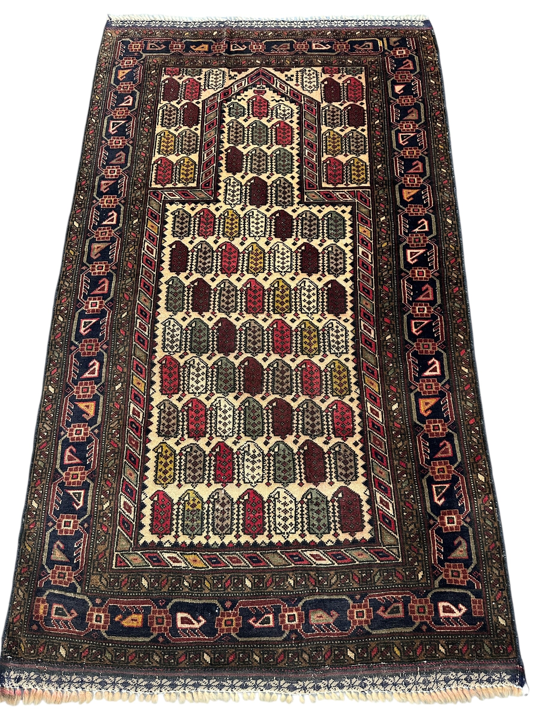 Vintage Afghan Baluch Prayer Rug – Hand-Knotted Wool Tribal Mihrab Design – 2’9” x 4’9”