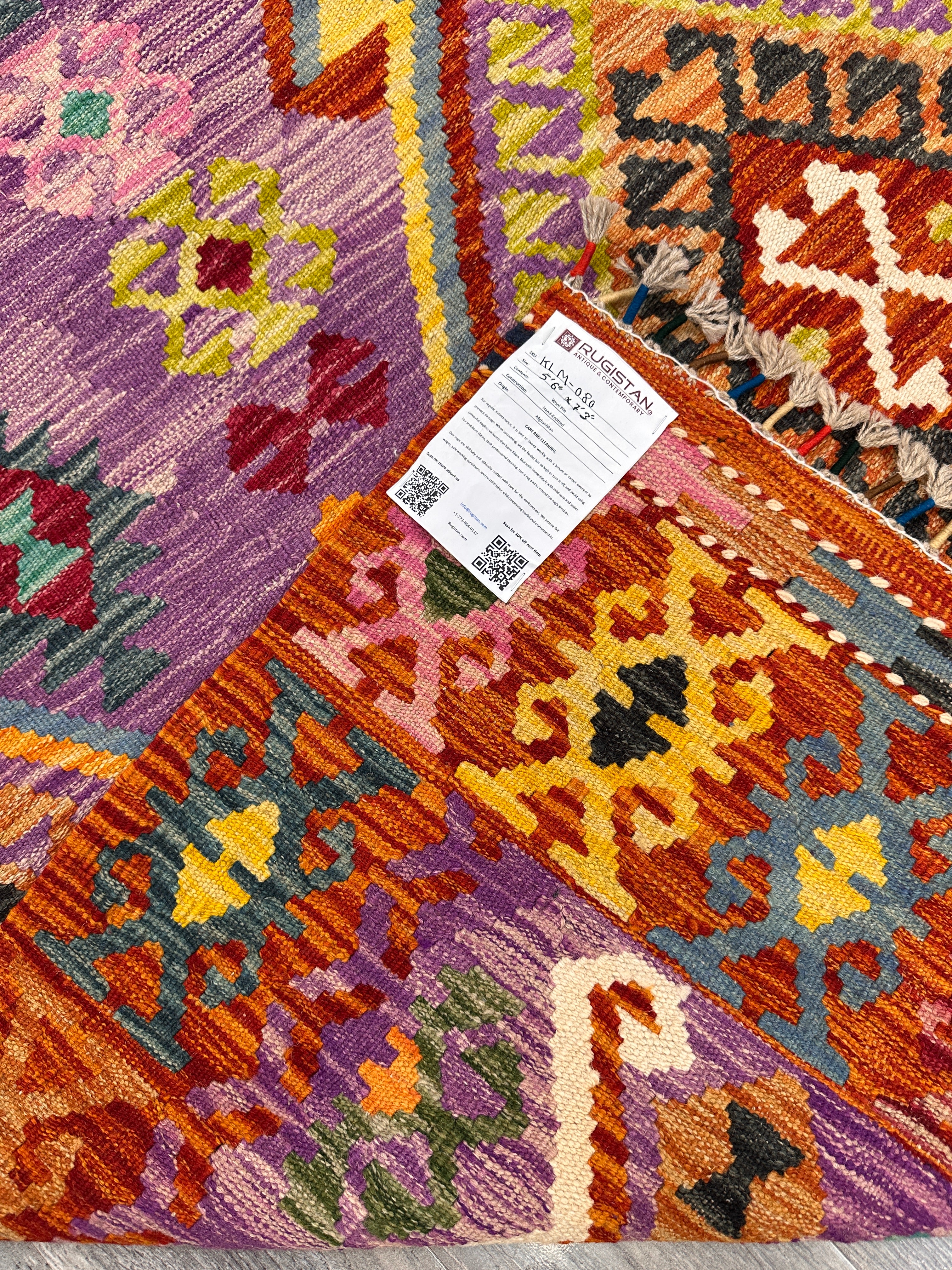 5'6" x 7'3" Handwoven Afghani Wool Kilim Rug – Colorful Tribal Geometric Flatweave with Decorative Bound Fringe – Reversible