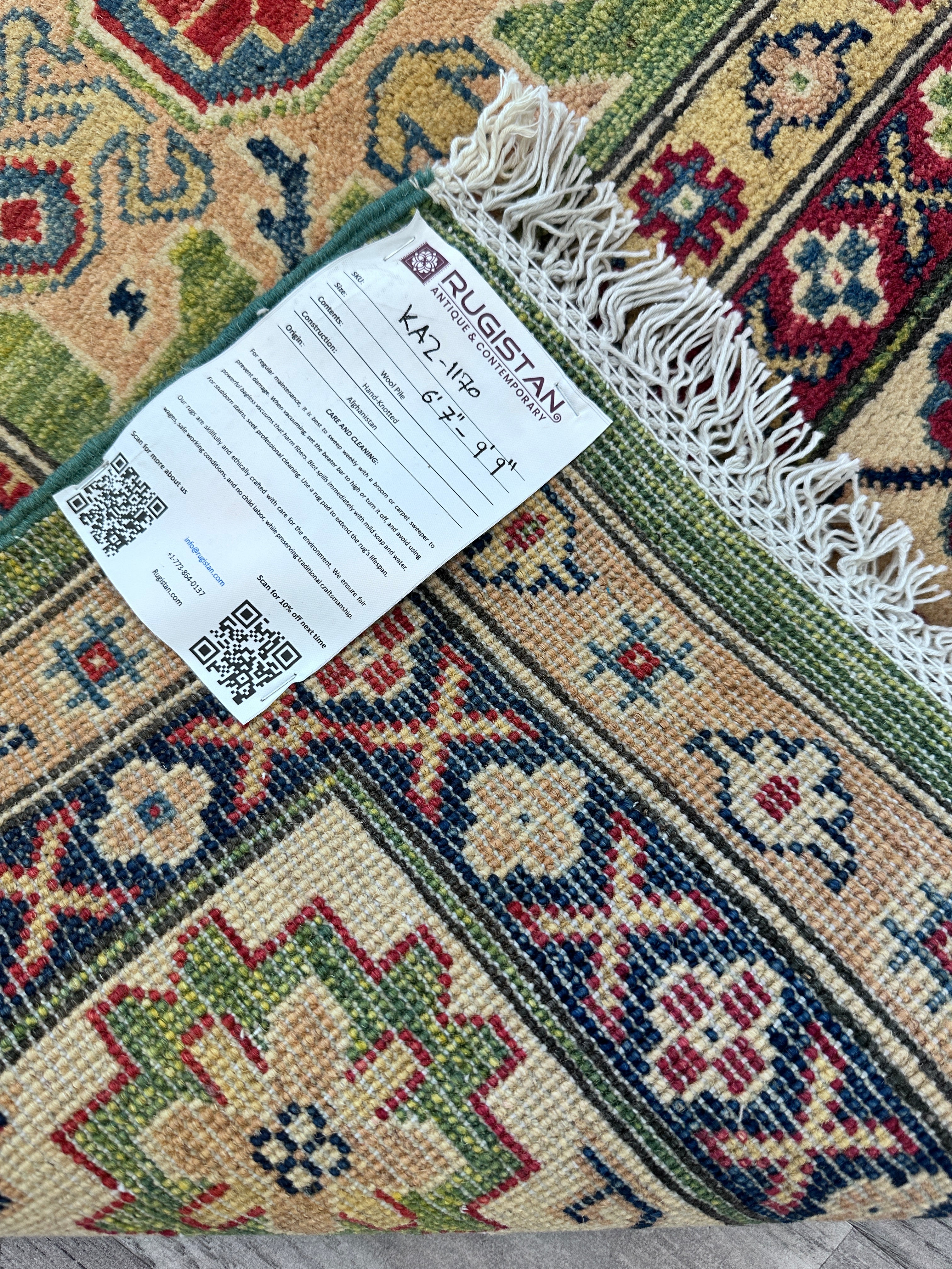 Hand-Knotted Afghani Kazak Wool Rug – 6’7″  x  9’9”