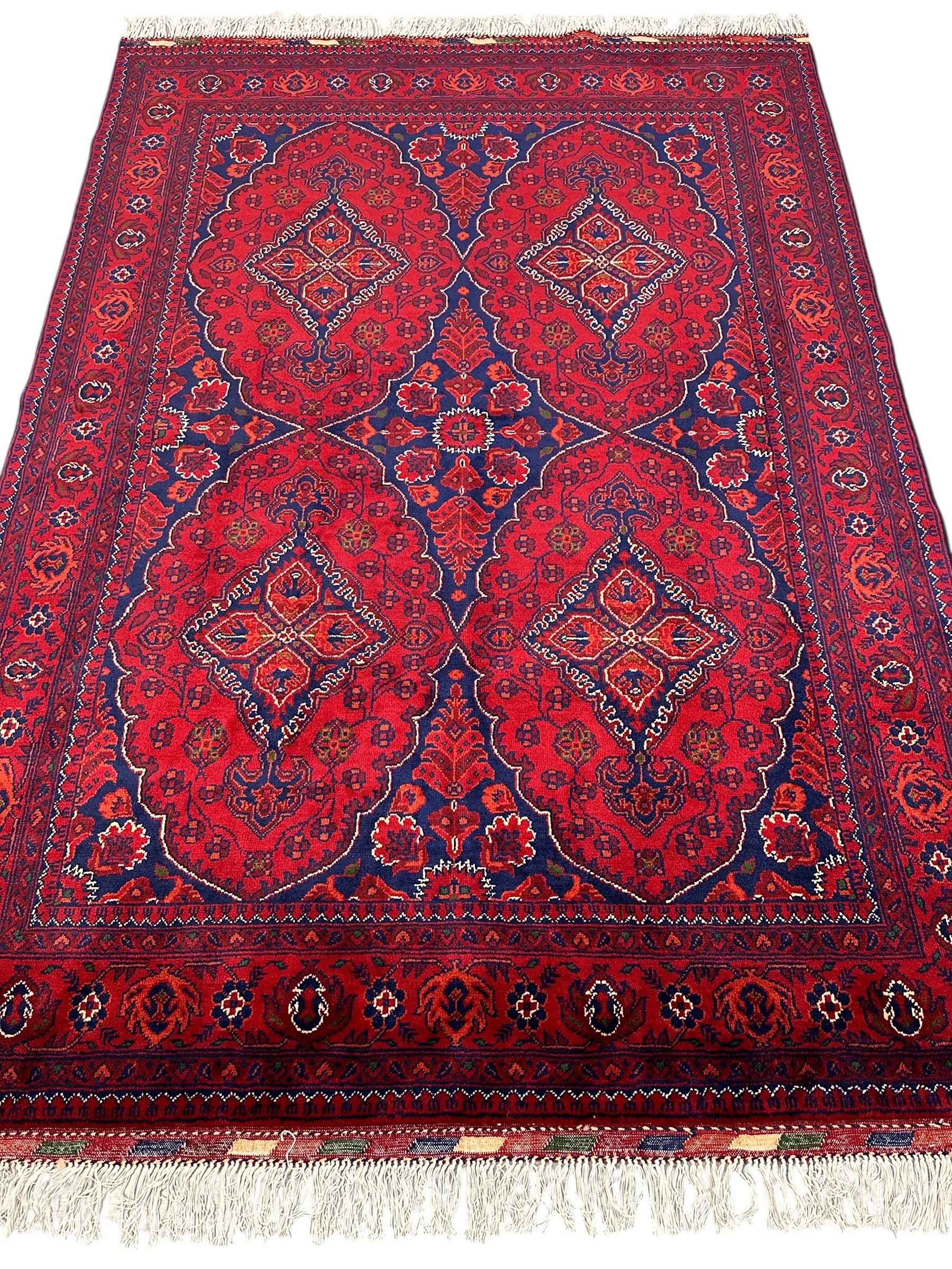 Hand-Knotted Afghani Ghazni Area Rug | Blue & Red | 5′ x 7′