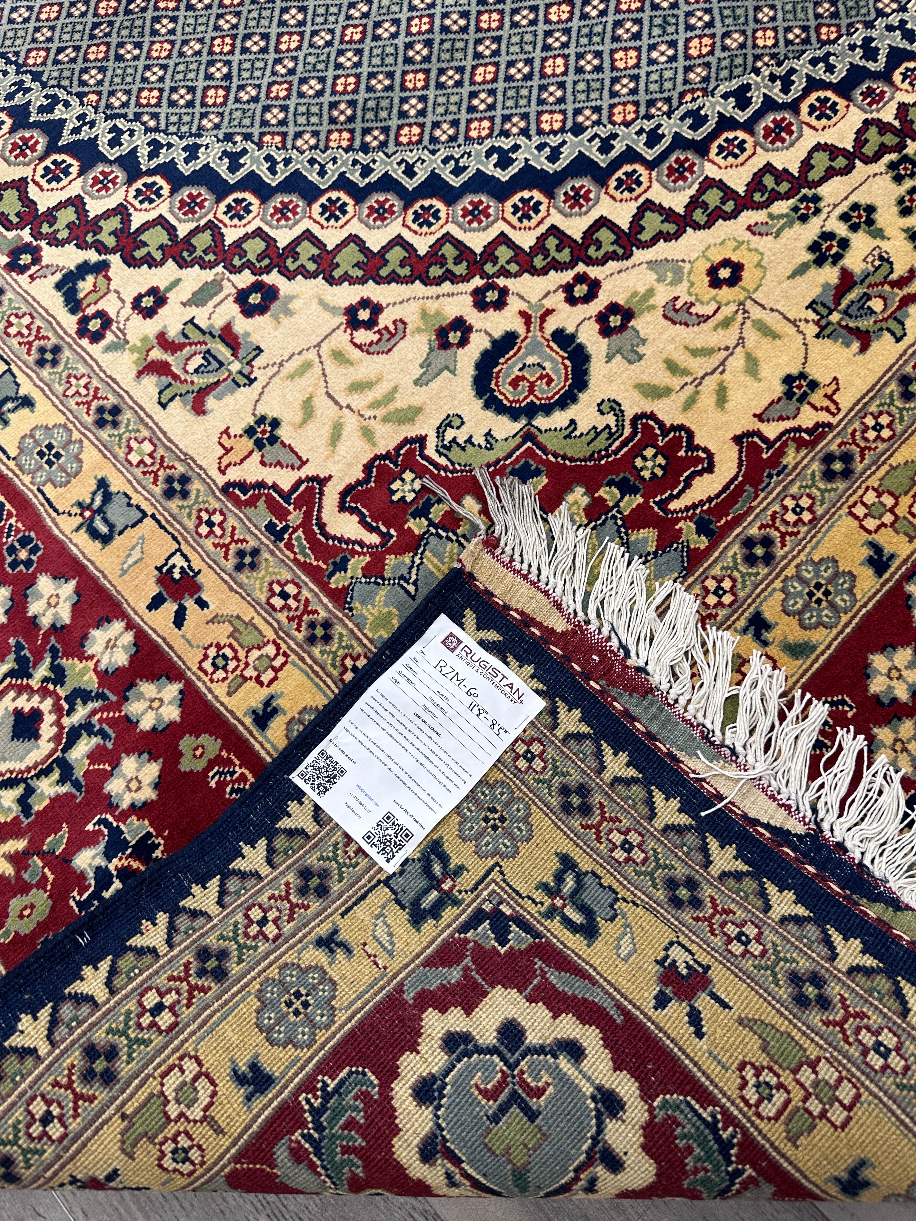 Hand-Knotted Afghani Rezmahi Wool Rug | Tabriz Mahi Design | 9′ x 12′