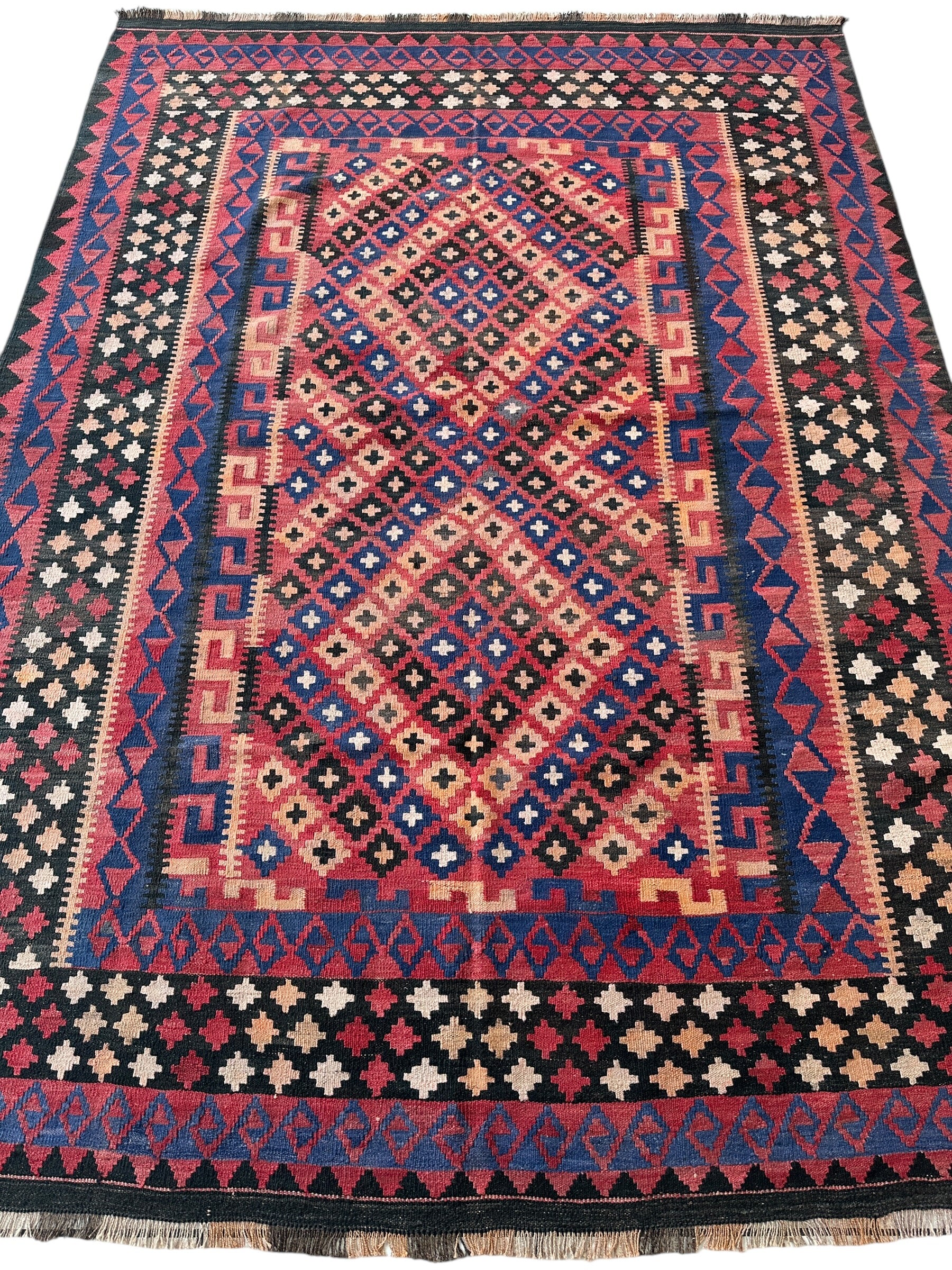 Vintage Handwoven Uzbek Wool Kilim Rug – 6’8” x 9’10” – Tribal Flatweave with Geometric Design