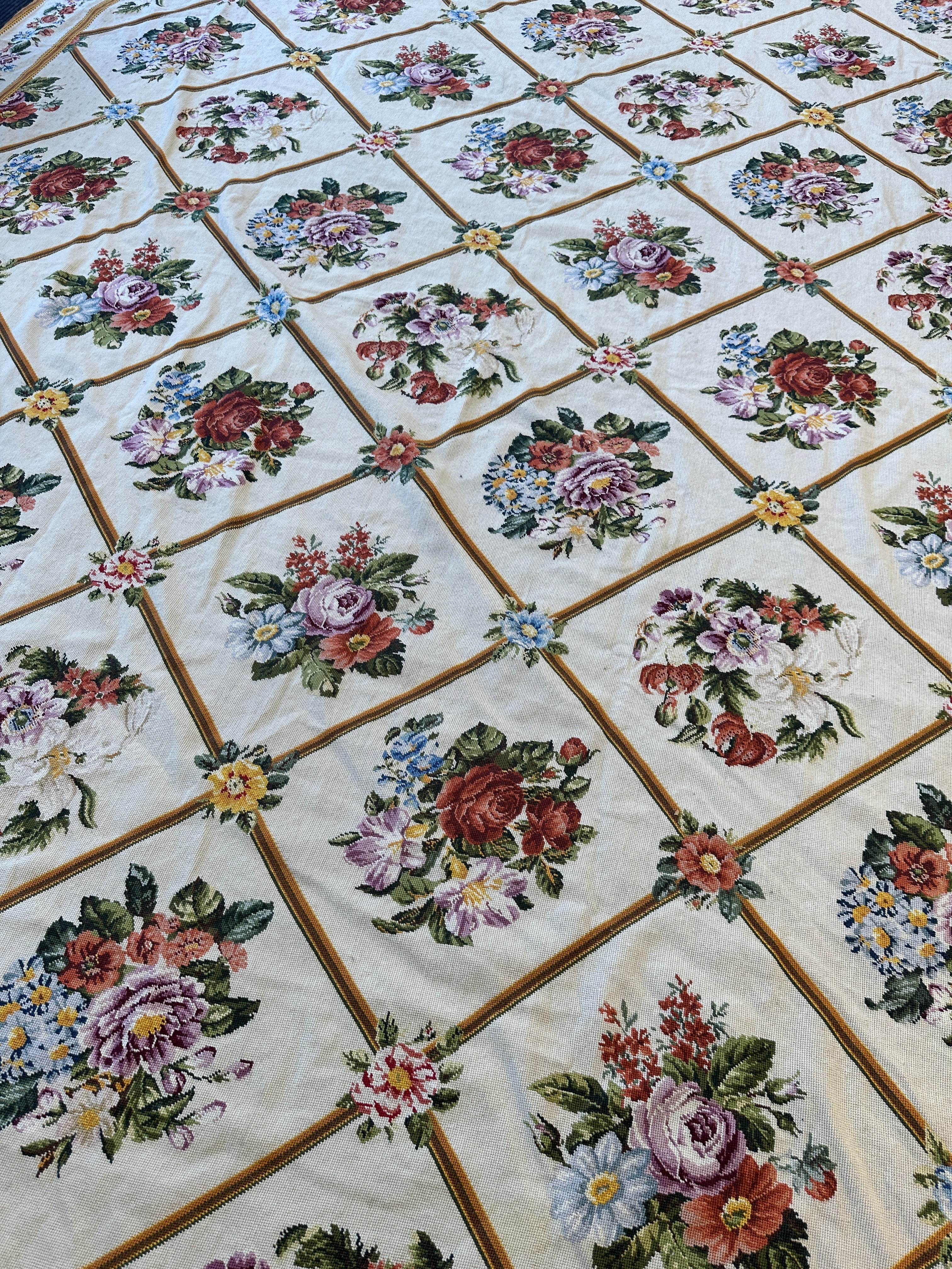 Handmade Needlepoint Floral Wool Rug – 9' 7" x 13' 5" – Vintage European Tapestry Style