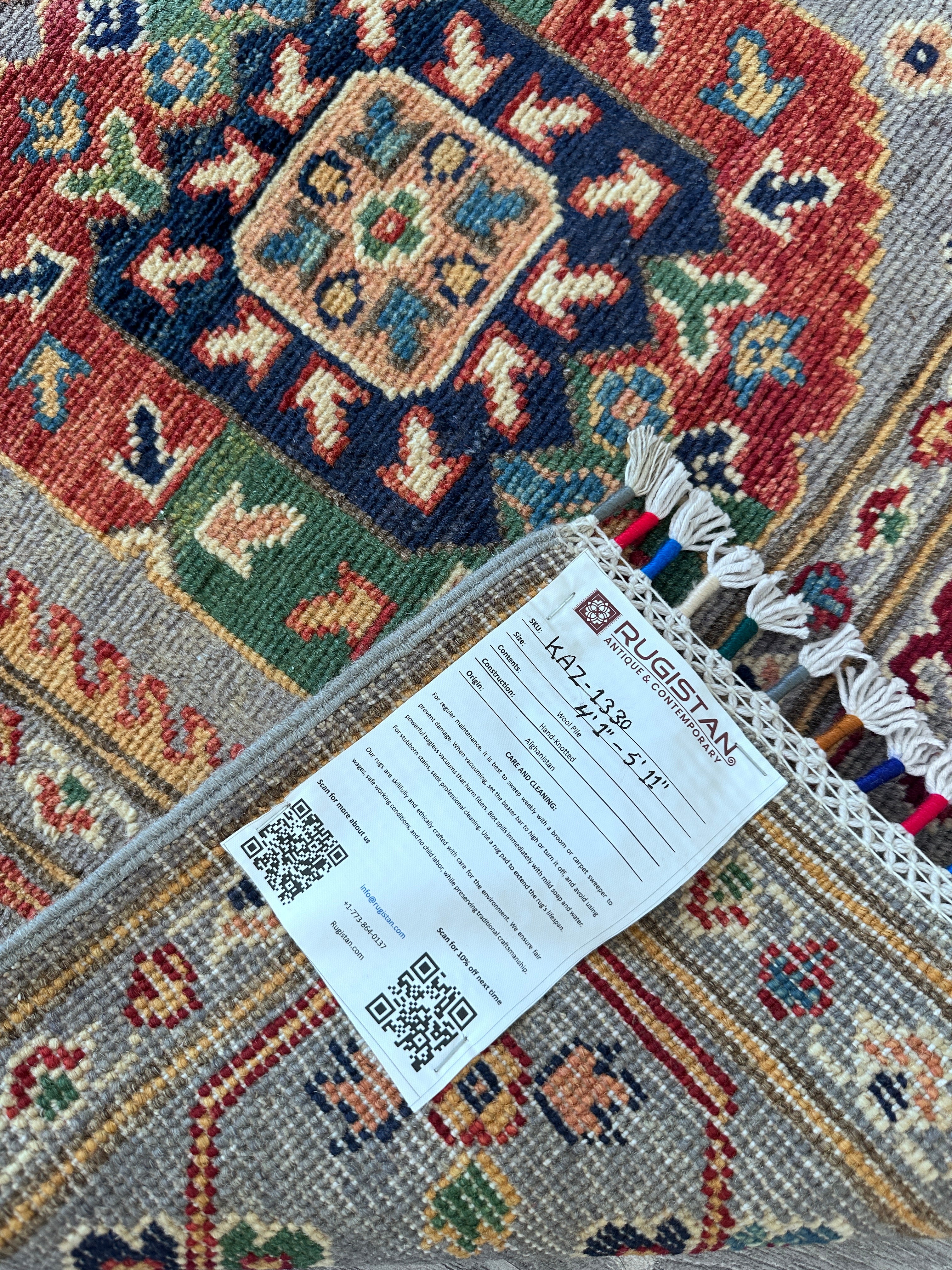 Hand-Knotted Afghani Kazak Wool Rug – 4’1″  x  5’11″