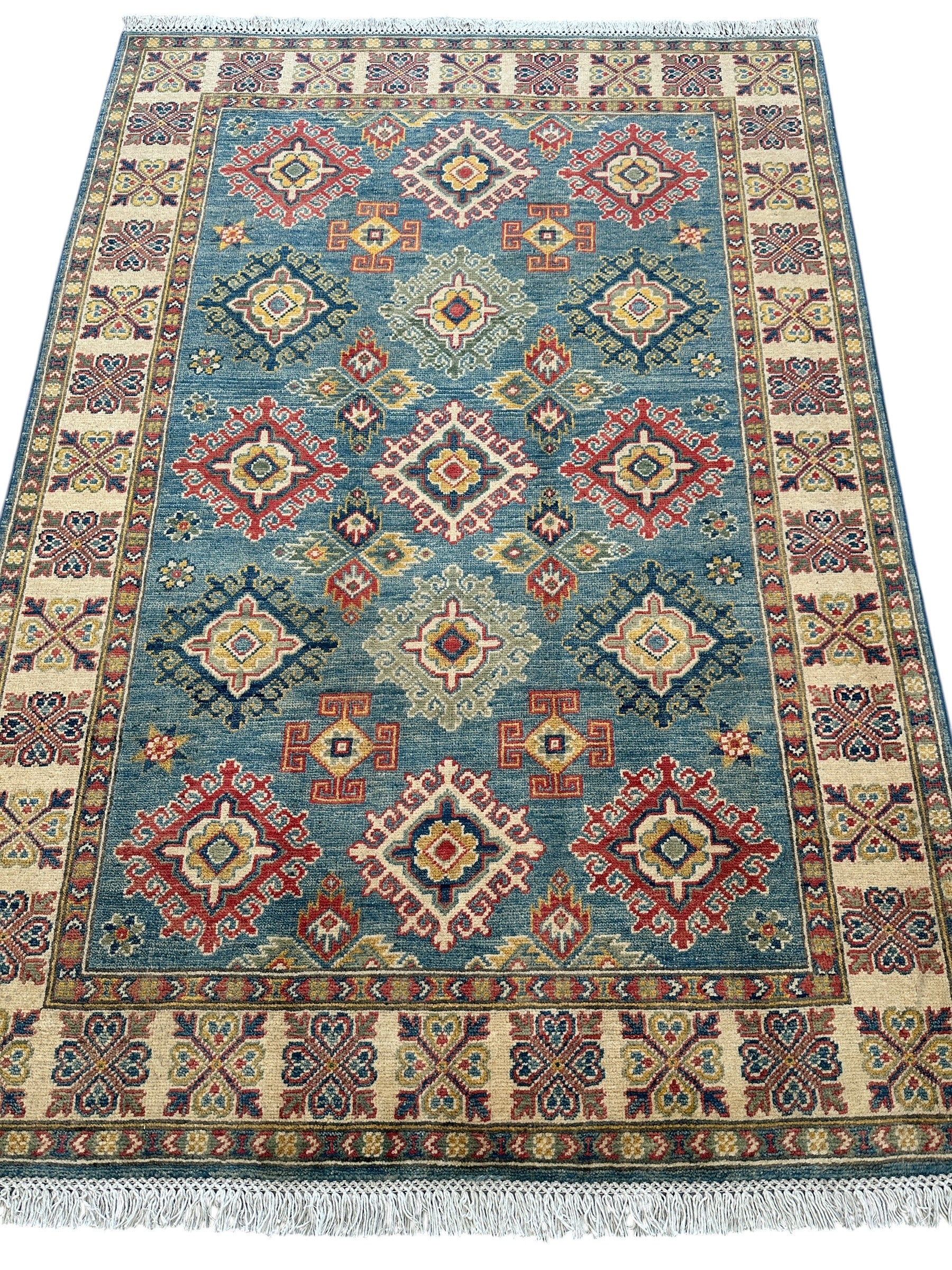 Hand-Knotted Afghani Kazak Wool Rug – 4’2″ x 5’10″