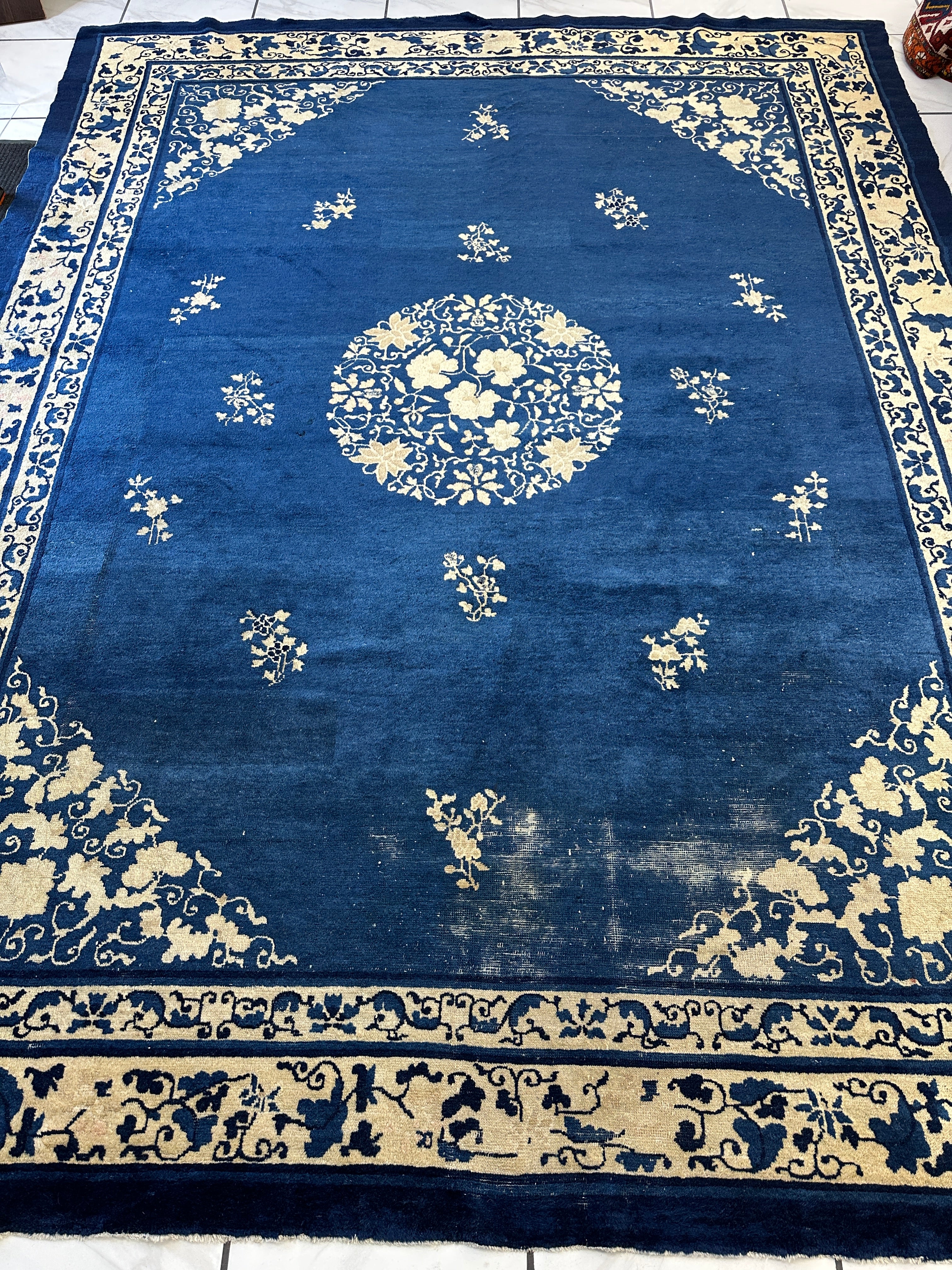 Hand-Knotted Antique Chinese Peking Wool Rug – 9’ x 11’5” – Distressed Blue, 19th Century