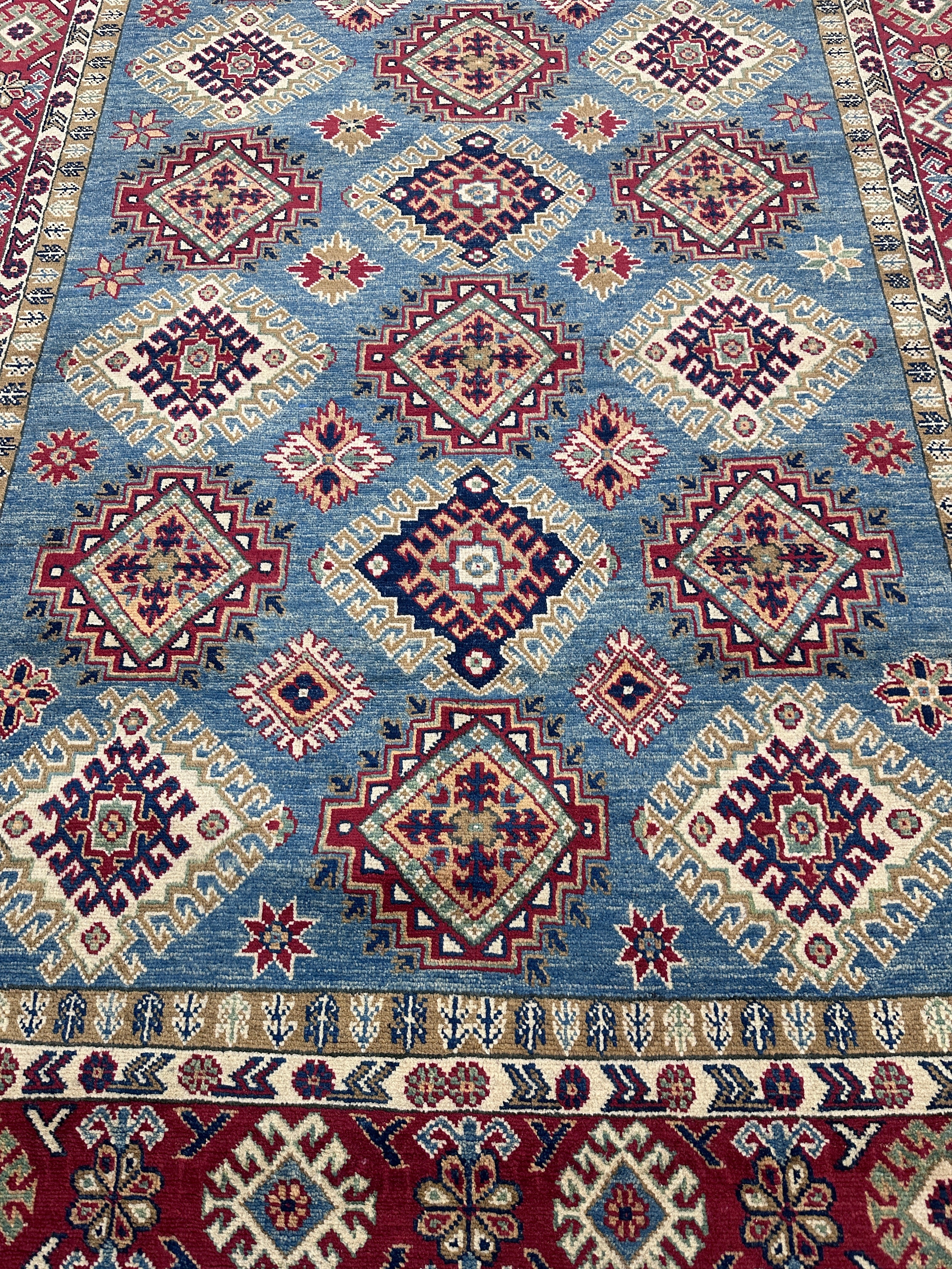 Hand-Knotted Afghani Kazak Wool Rug | Geometric Design | 6′5″ x 10′