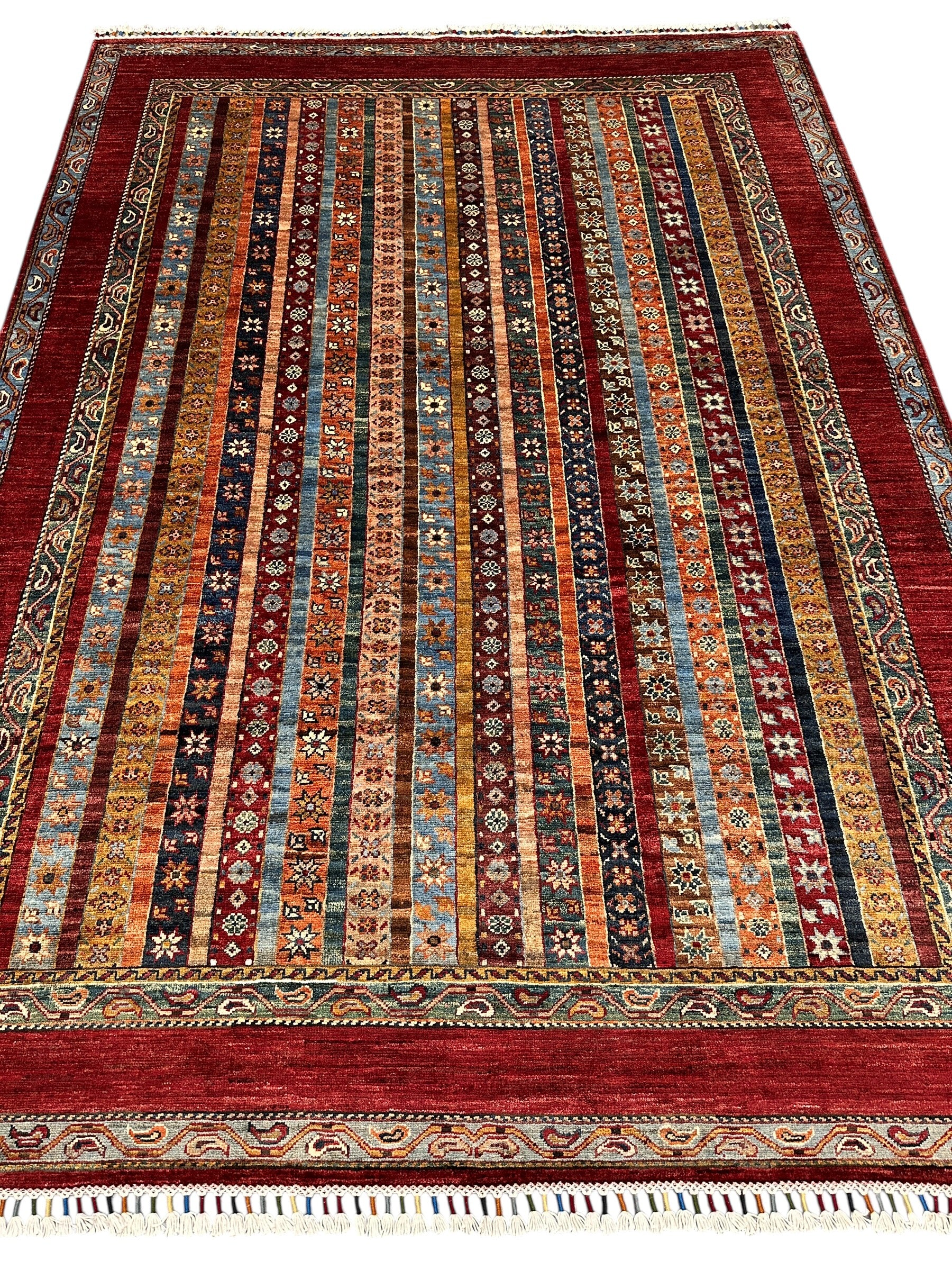Hand-Knotted Afghani Chobi Ghazni Wool Rug | Striped Khorjin Design | 6′ x 8′