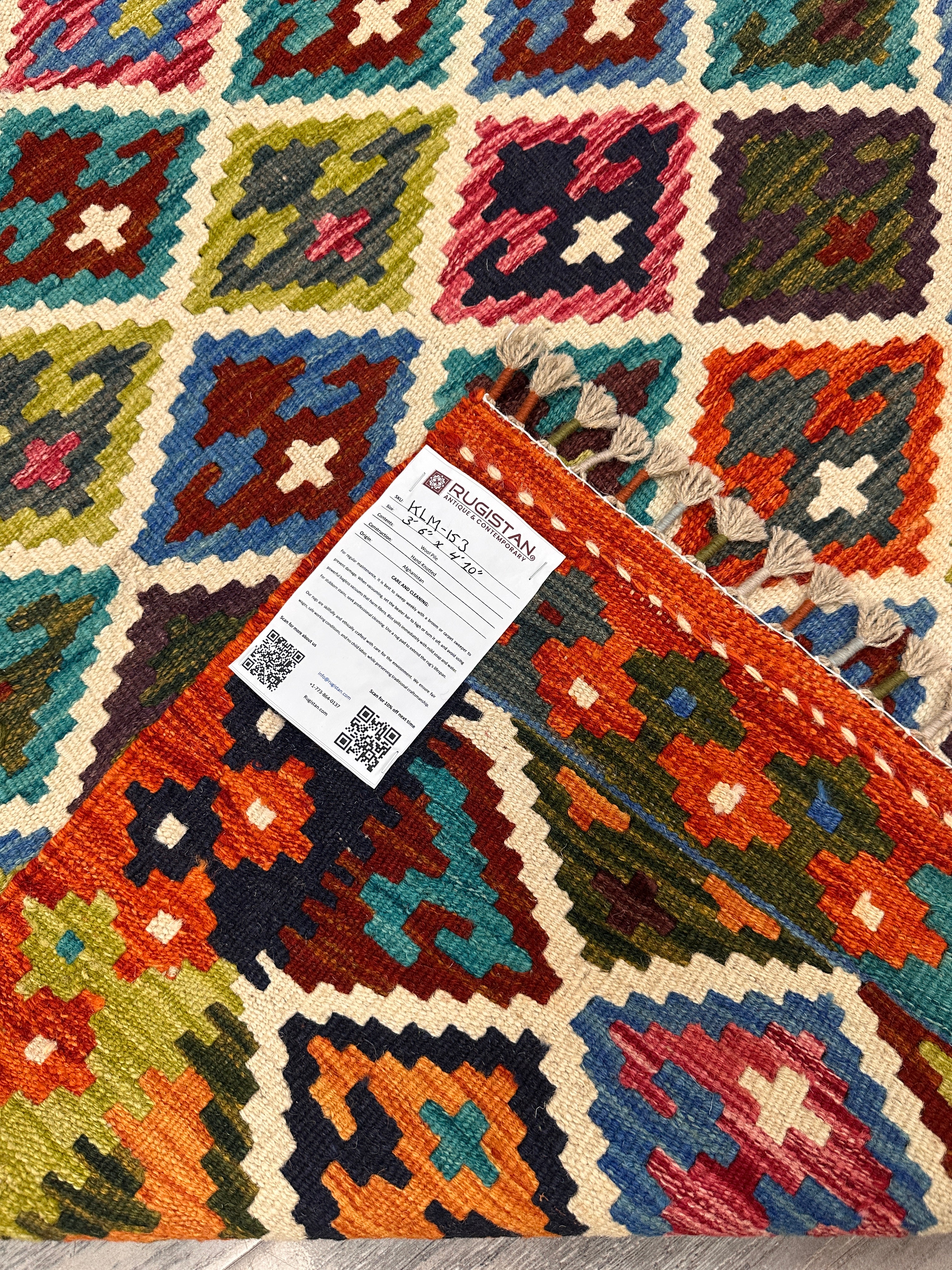 Handwoven Wool Kilim Rug 3'6" x 4'10" – Colorful Geometric Tribal Flatweave with Decorative Bound Fringe – Reversible
