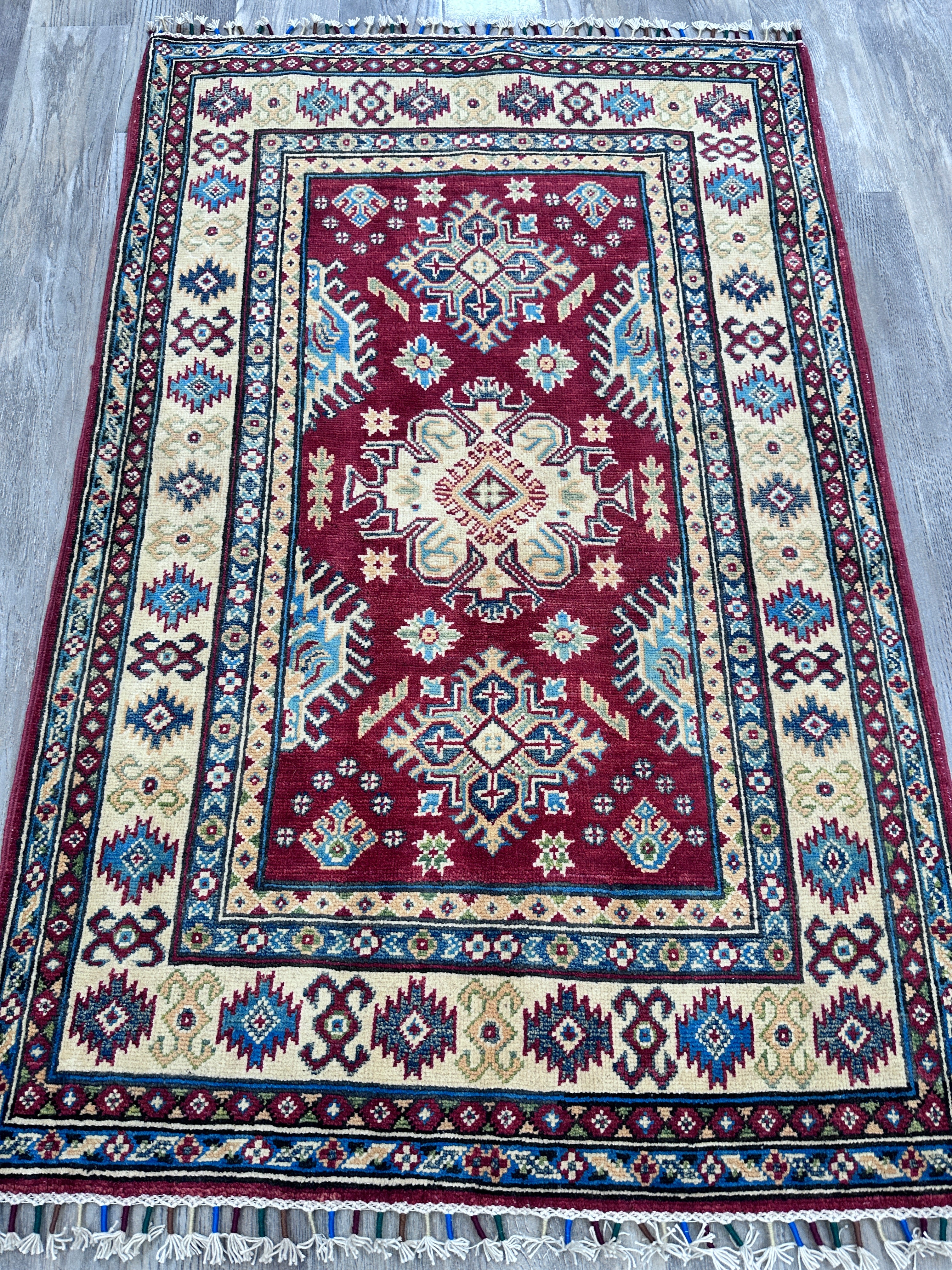 Hand-Knotted Afghani Kazak Wool Rug – 3’3″  x  5’0″