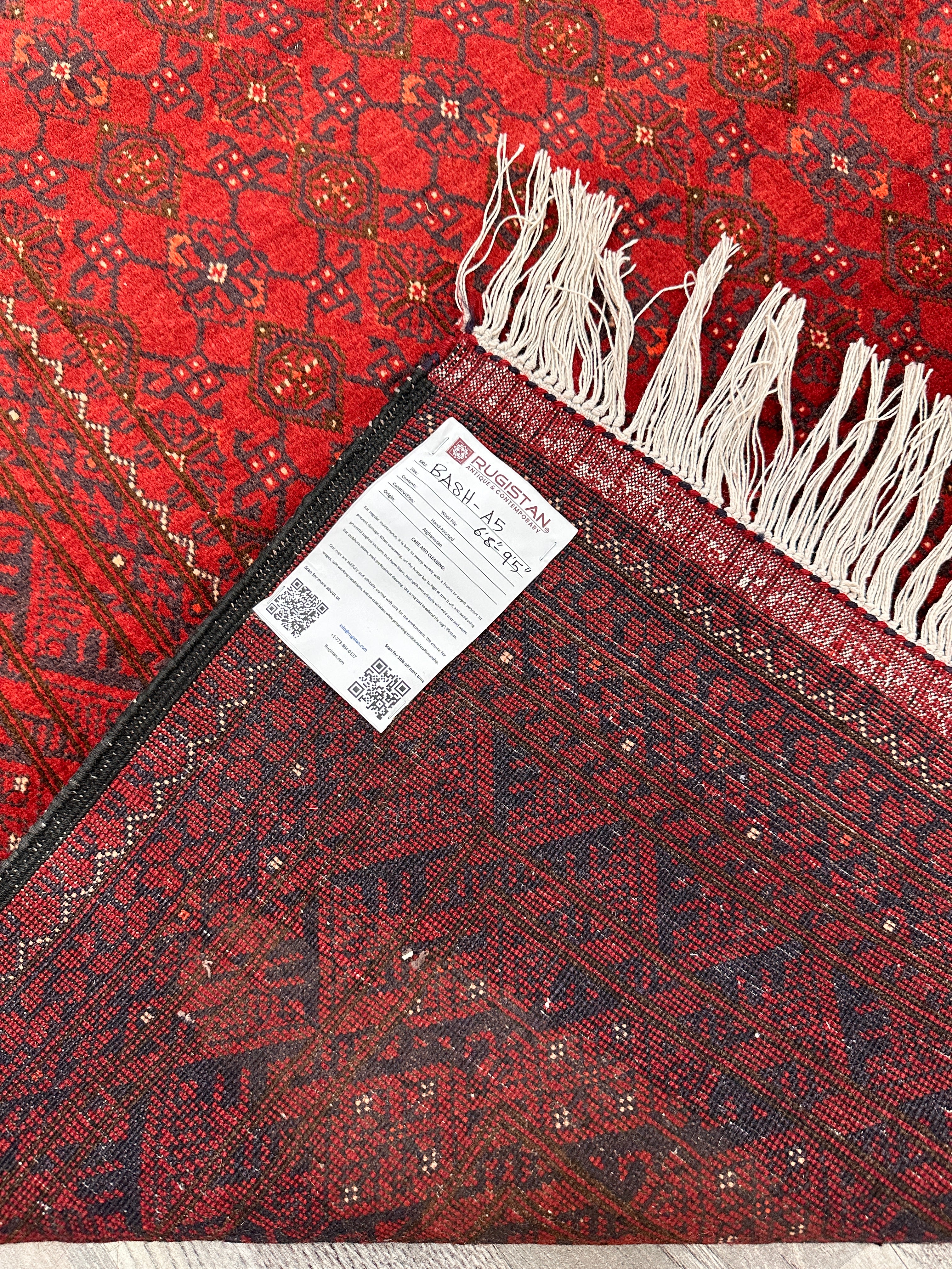 Afghan Bashore Rug 6’7” x 9’8” – Hand-Knotted Wool, Abrash, Original Fringe, No Repairs