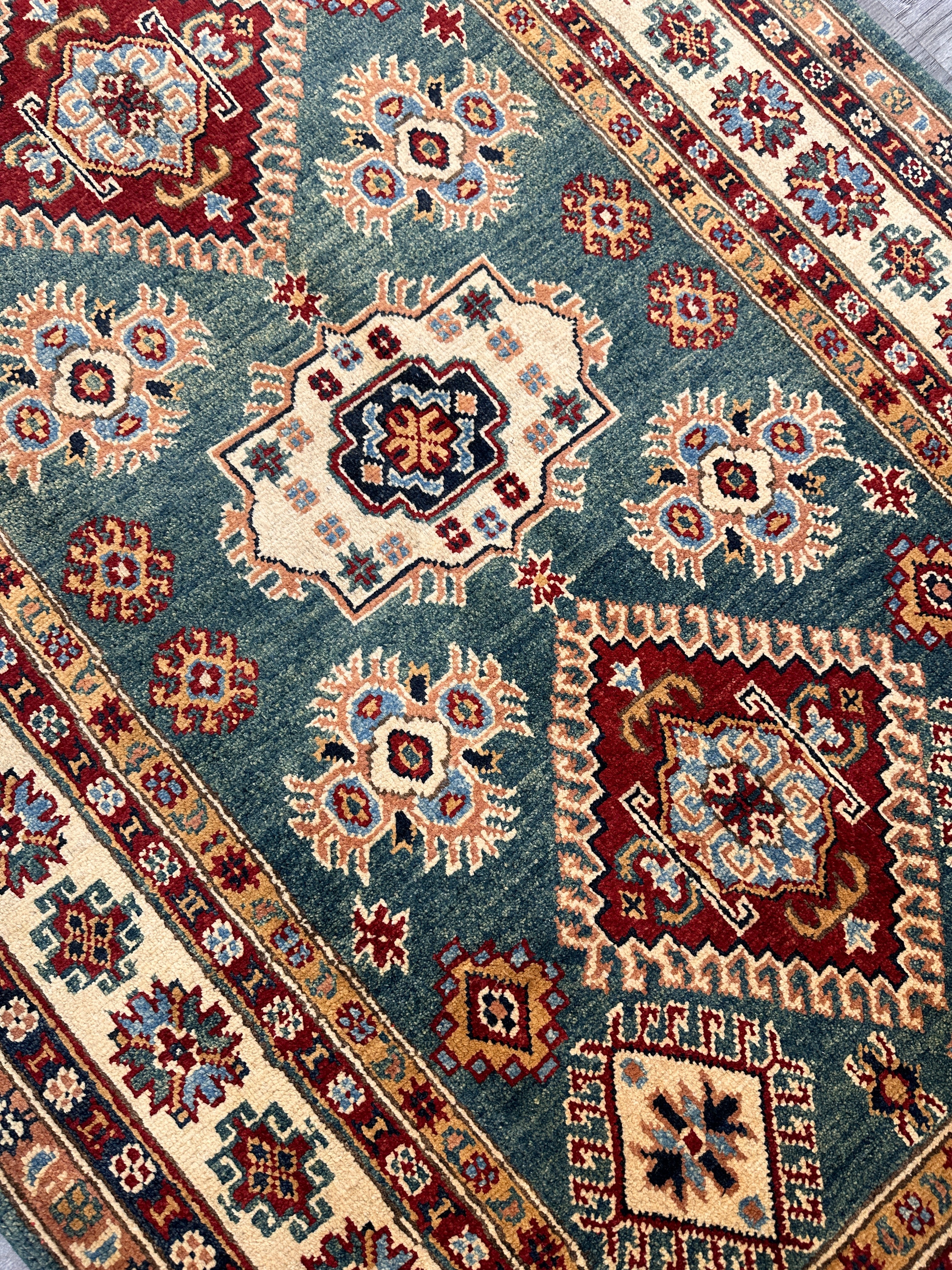 Hand-Knotted Afghani Kazak Wool Rug | Tribal Medallion | 4’2” x 6′