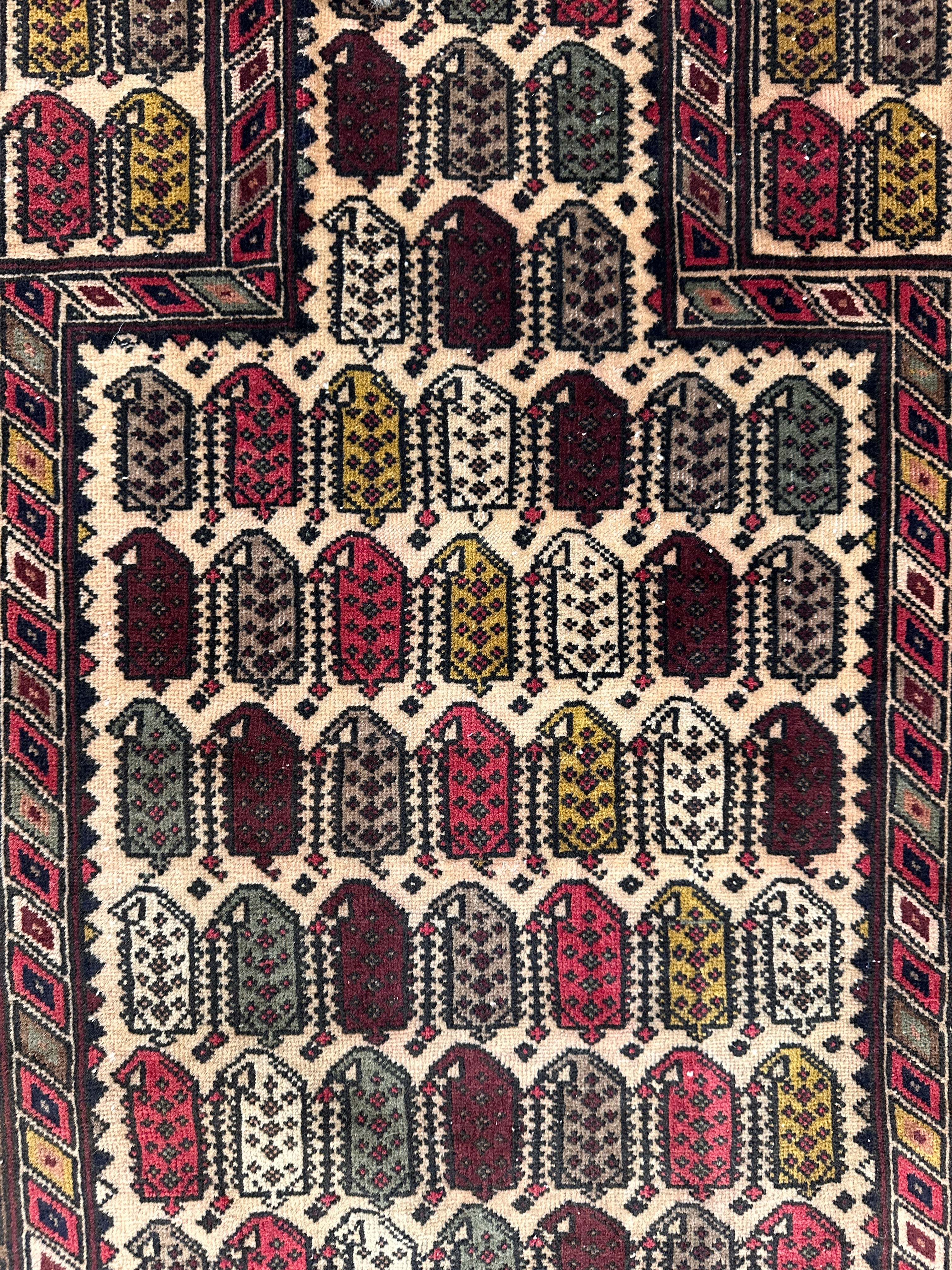 Vintage Afghan Baluch Prayer Rug – Hand-Knotted Wool Tribal Mihrab Design – 2’9” x 4’9”