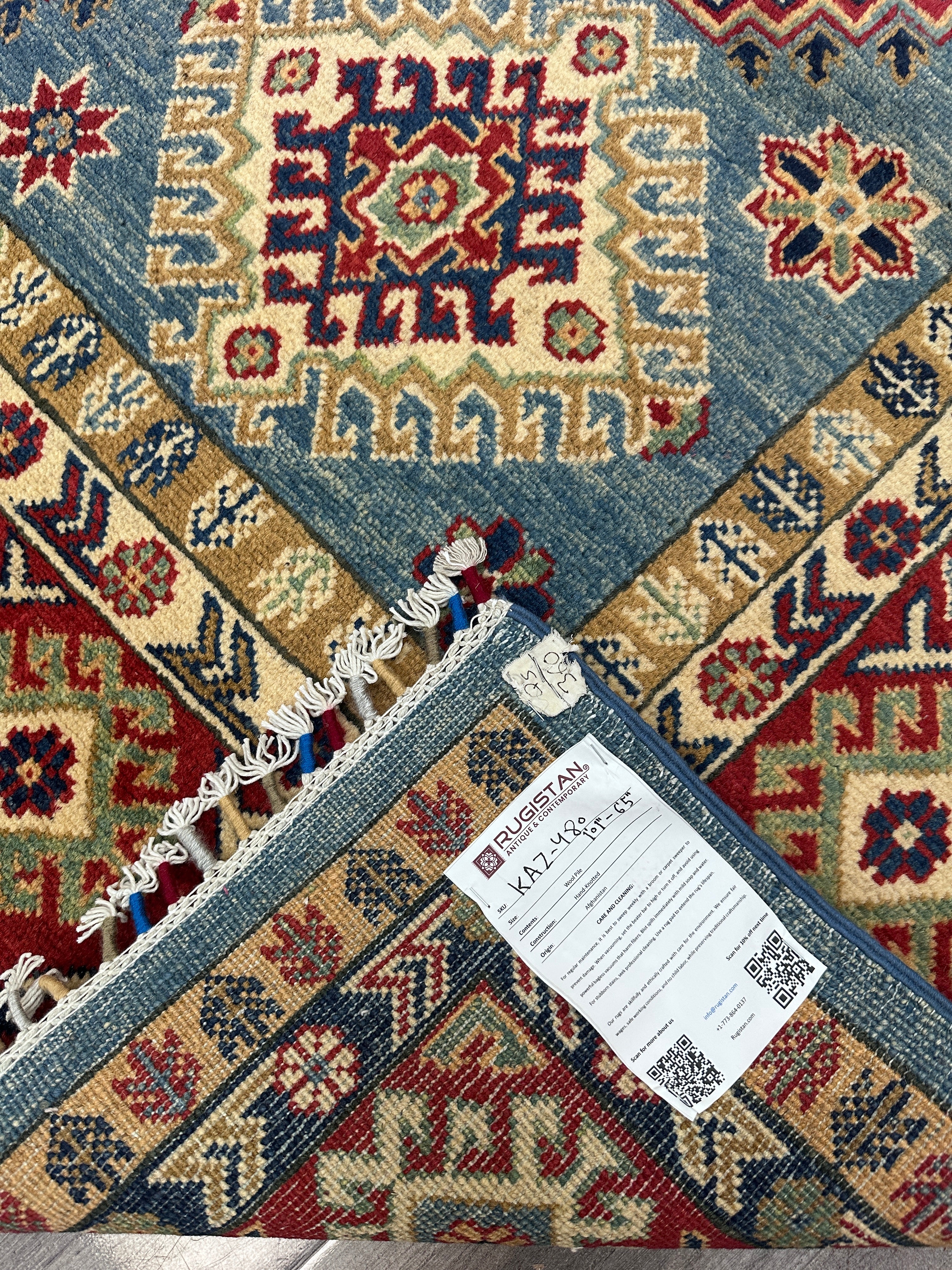 Hand-Knotted Afghani Kazak Wool Rug | Geometric Design | 6′5″ x 10′