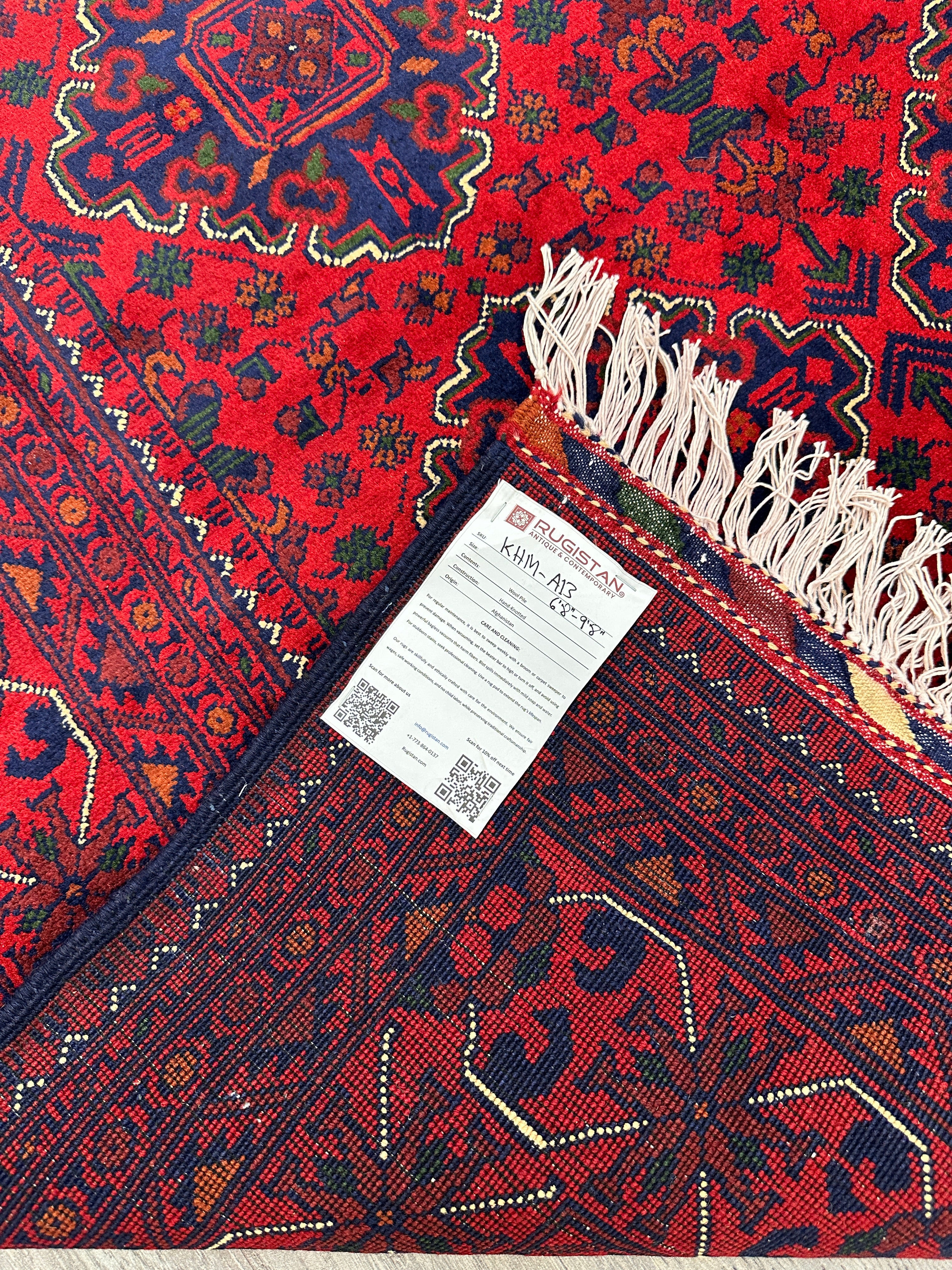 Hand-Knotted Afghani Khamyab Wool Area Rug | Red & Blue | 6′8″ x 10′